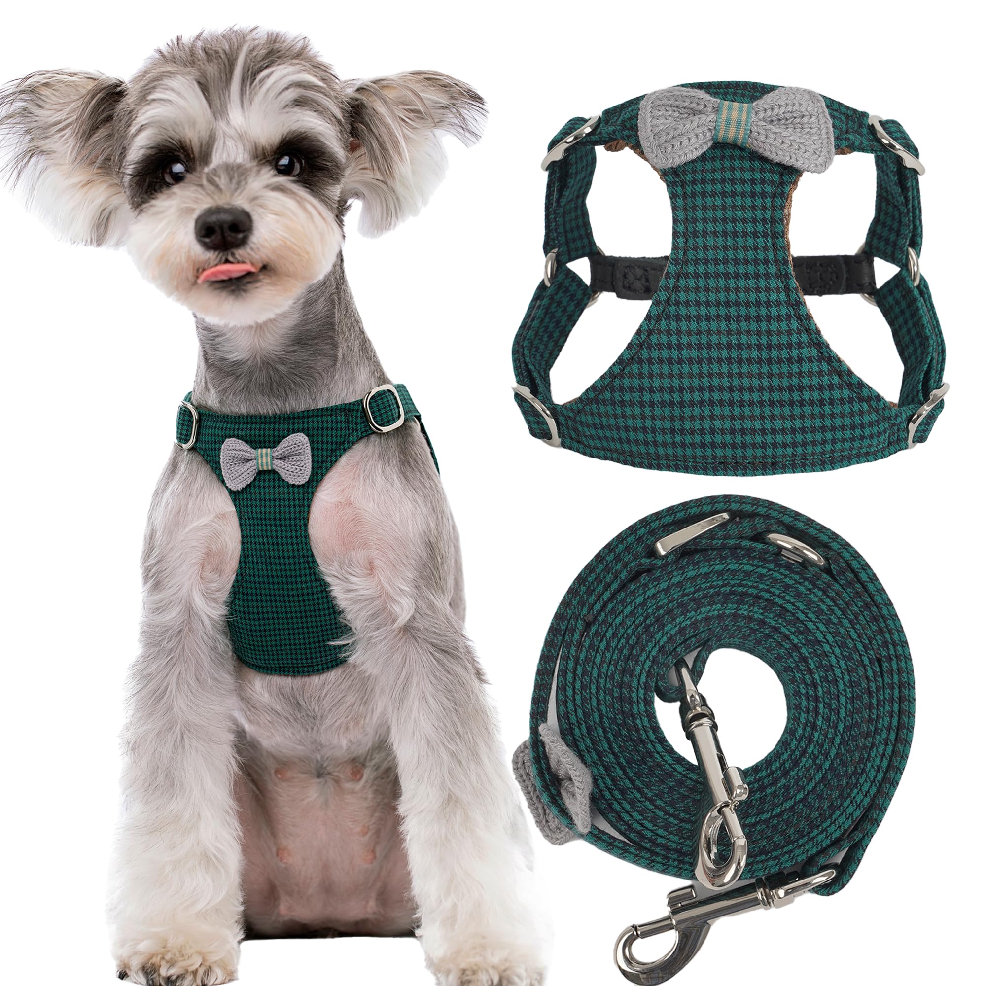 Puppytie No Pull Dog Harness with Multifunction Dog Leash,Soft Adjustable No Choke Escape Proof Pet Harness Vest,Knitted Green,XXS