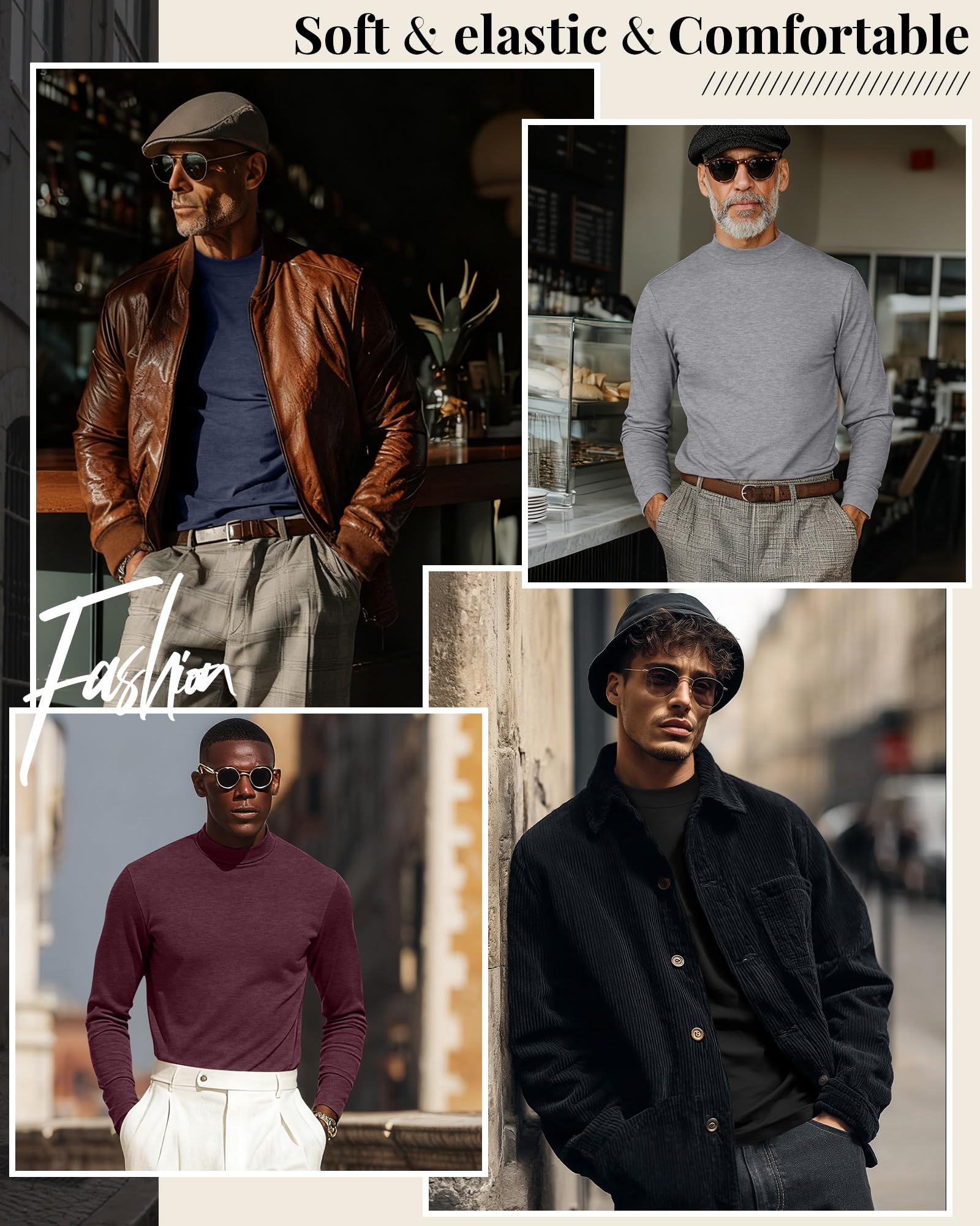 Neer Lot de 4 chemises à col montant pour homme, manches longues, col roulé, coupe ajustée, t-shirts décontractés, légers et basiques