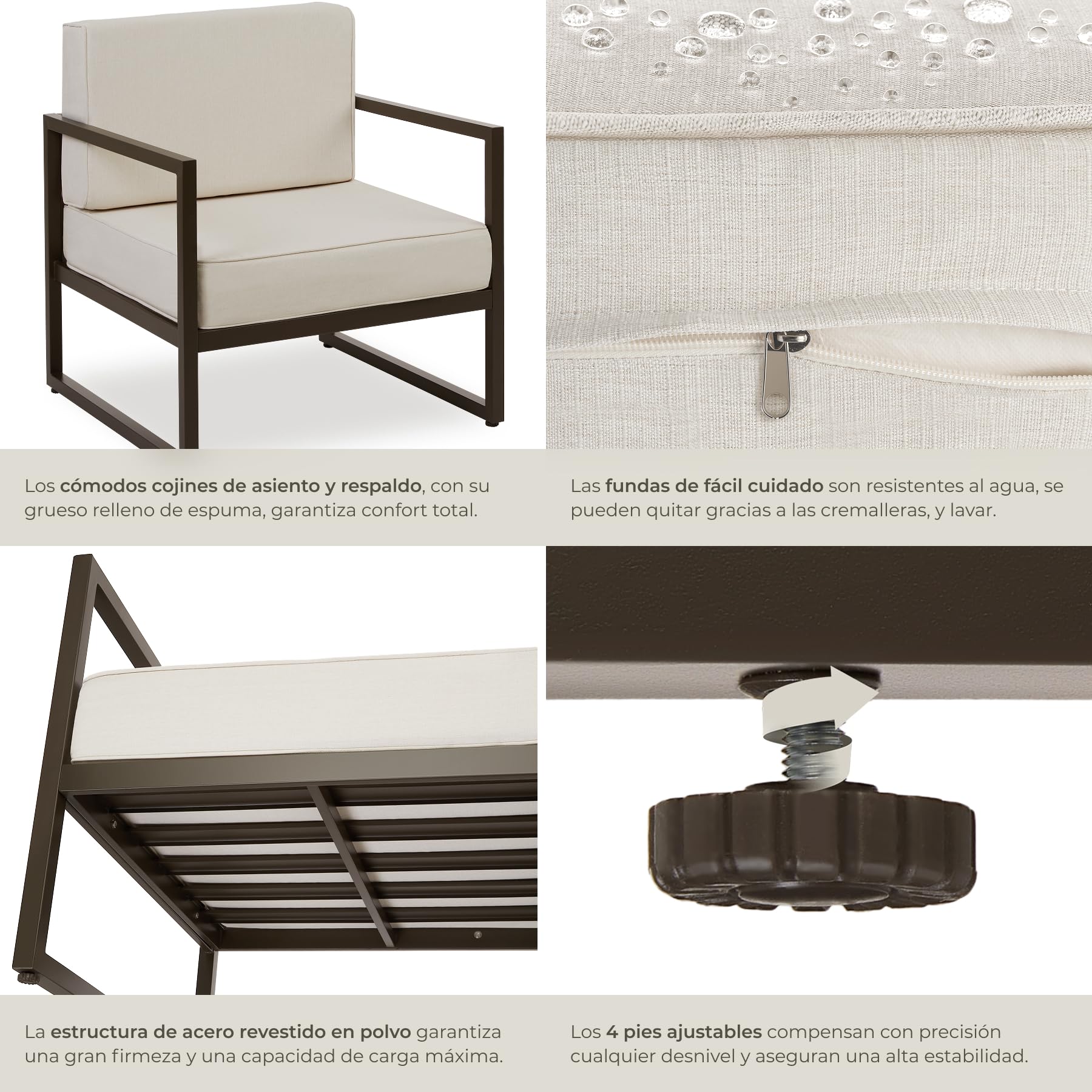 tectake® Conjunto Jardín Exterior de Acero, Sillones Terraza con Acolchado Grueso, Sillas Jardín con Pies Ajustables, Muebles Jardín Exterior, Fundas Repelentes al Agua, Sofás para Jardín - 2 plazas