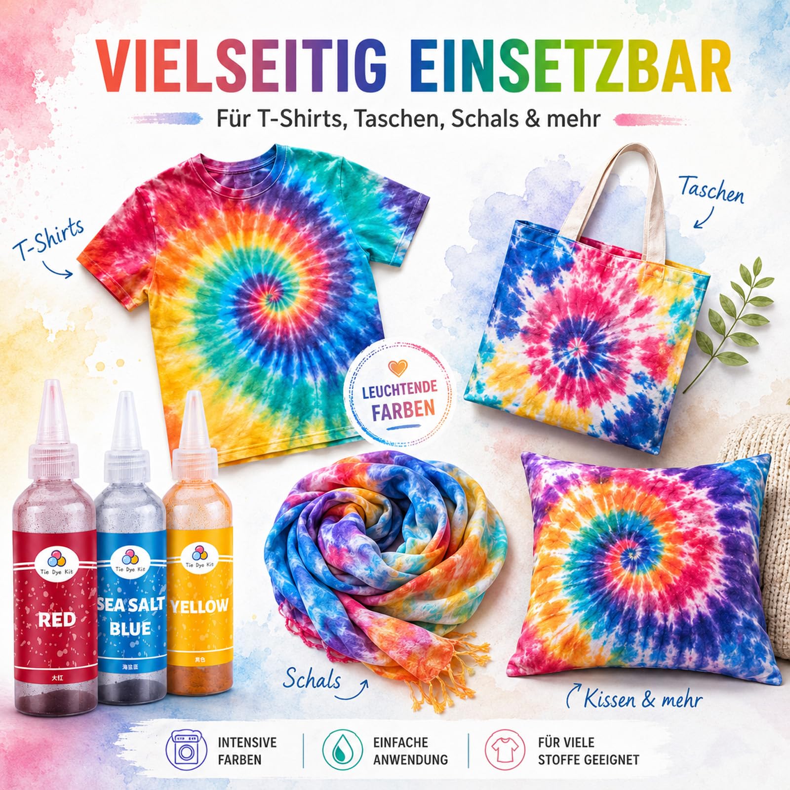Batikfarben Set 7 Farben, Waschbare Textilfarbe für Kinder, Batikfarben Set Waschfest, Färbemittel für Textilien, Tie Dye Kit, Batik für T-Shirts, Stoffbeutel, DIY Kleidung, Stoffmalfarben