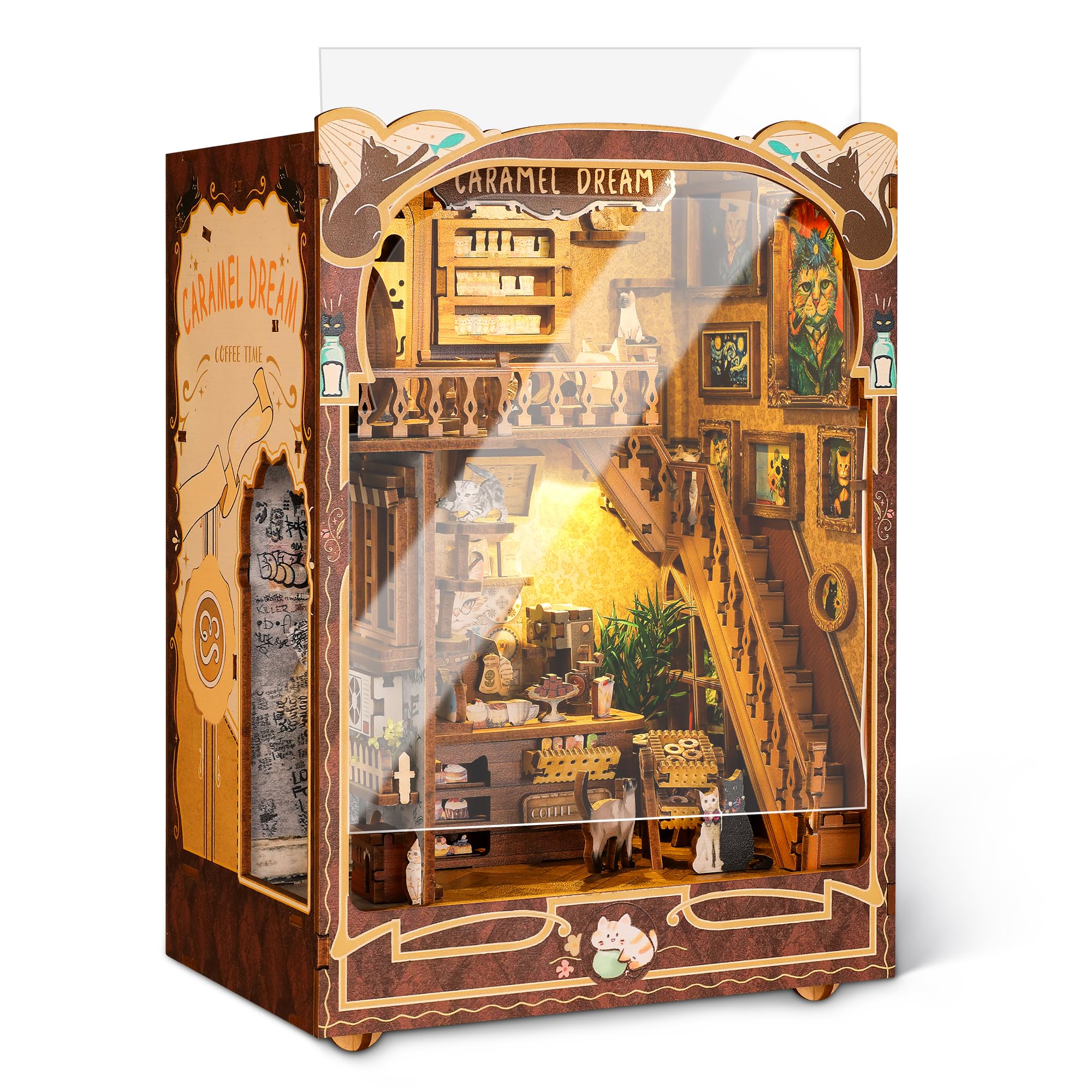 FUNPOLA Puzzle 3D, puzzle 3D, zestaw pukania, regał na książki z motywem Cat Cafe, drewniane puzzle, miniaturowy domek dla lalek, LED, regał, podpórki do książek, zestaw ekspozycyjny, miłośnik kotów