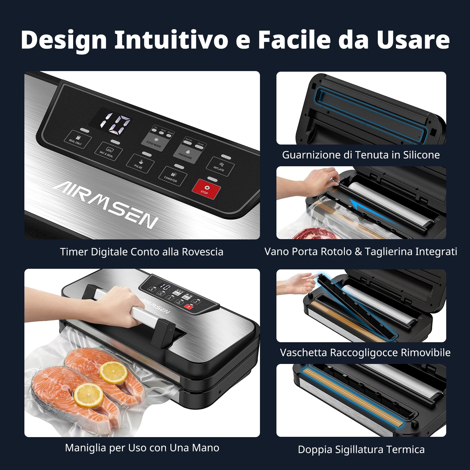 AIRMSEN 95 kPa Macchina sottovuoto con funzione di gonfiaggio, modalità Secco/Umido, doppia sigillatura 30 cm, taglierina integrata, rotolo e vassoio rimovibile