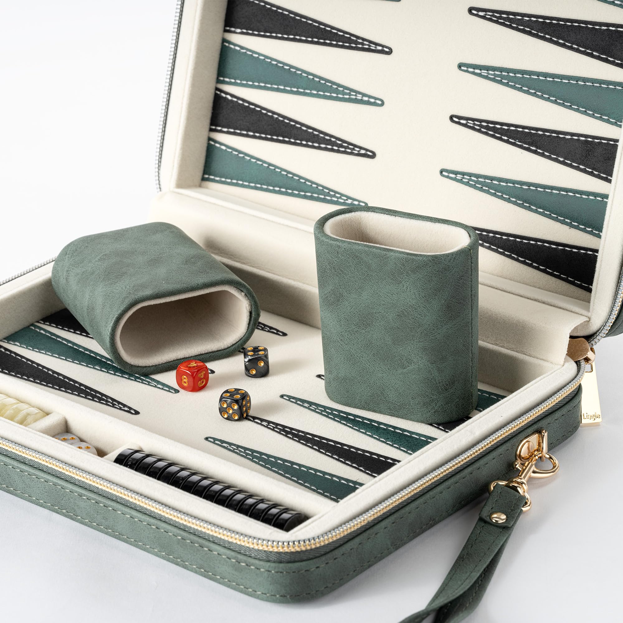 Juegos de Backgammon de 9.4 Pulgadas para Adultos, Juego de Mesa clásico con Funda Plegable de Cuero para Backgammon, Juego de Backgammon de Viaje portátil, Incluye 30 Damas de Cuerno (Green)