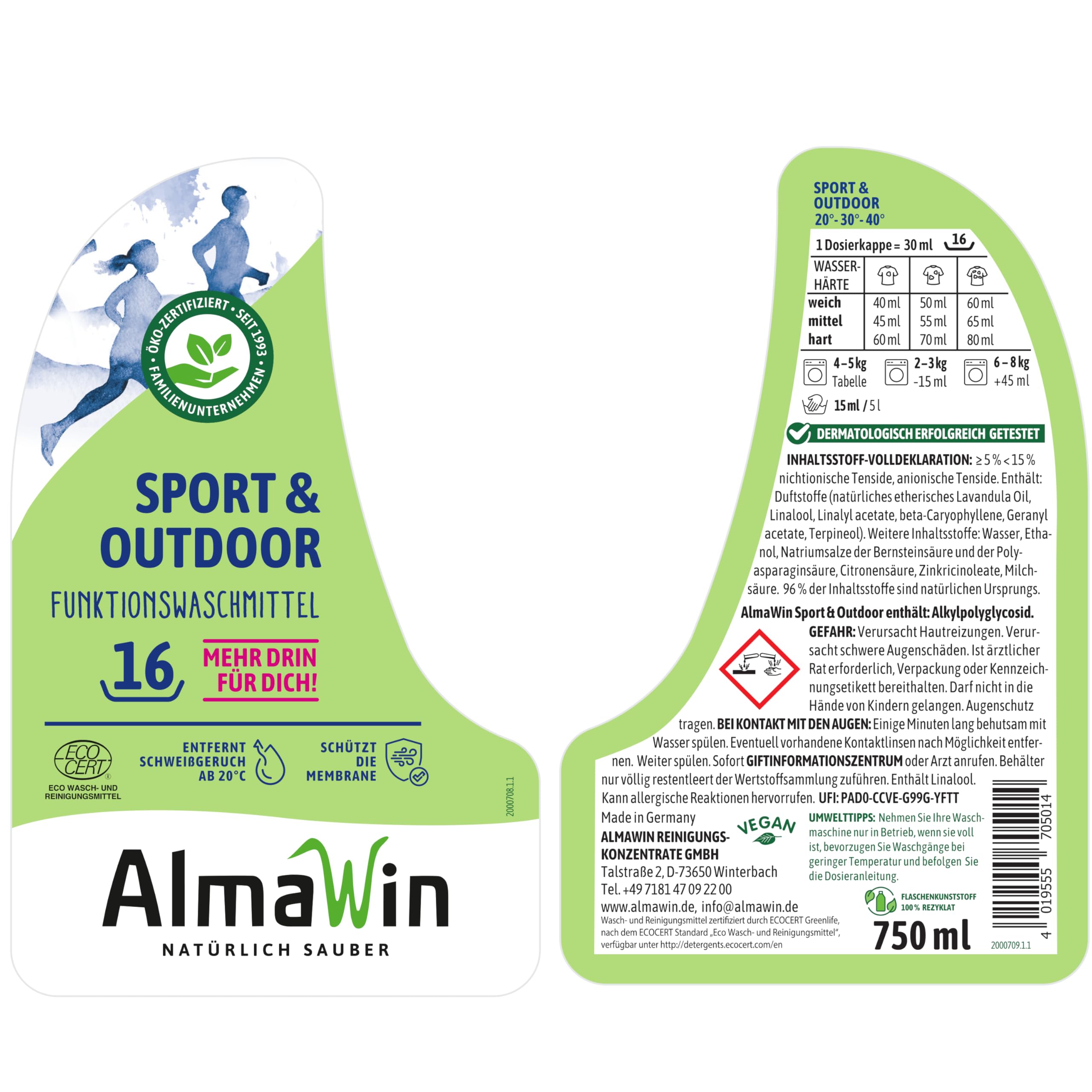 AlmaWin® Sportwaschmittel für Funktionskleidung [6x 750ml] entfernt effektiv Schweißgeruch - Membranfunktion-schützendes Funktionswaschmittel - Outdoor Waschmittel - Reisewaschmittel [20-40°C]