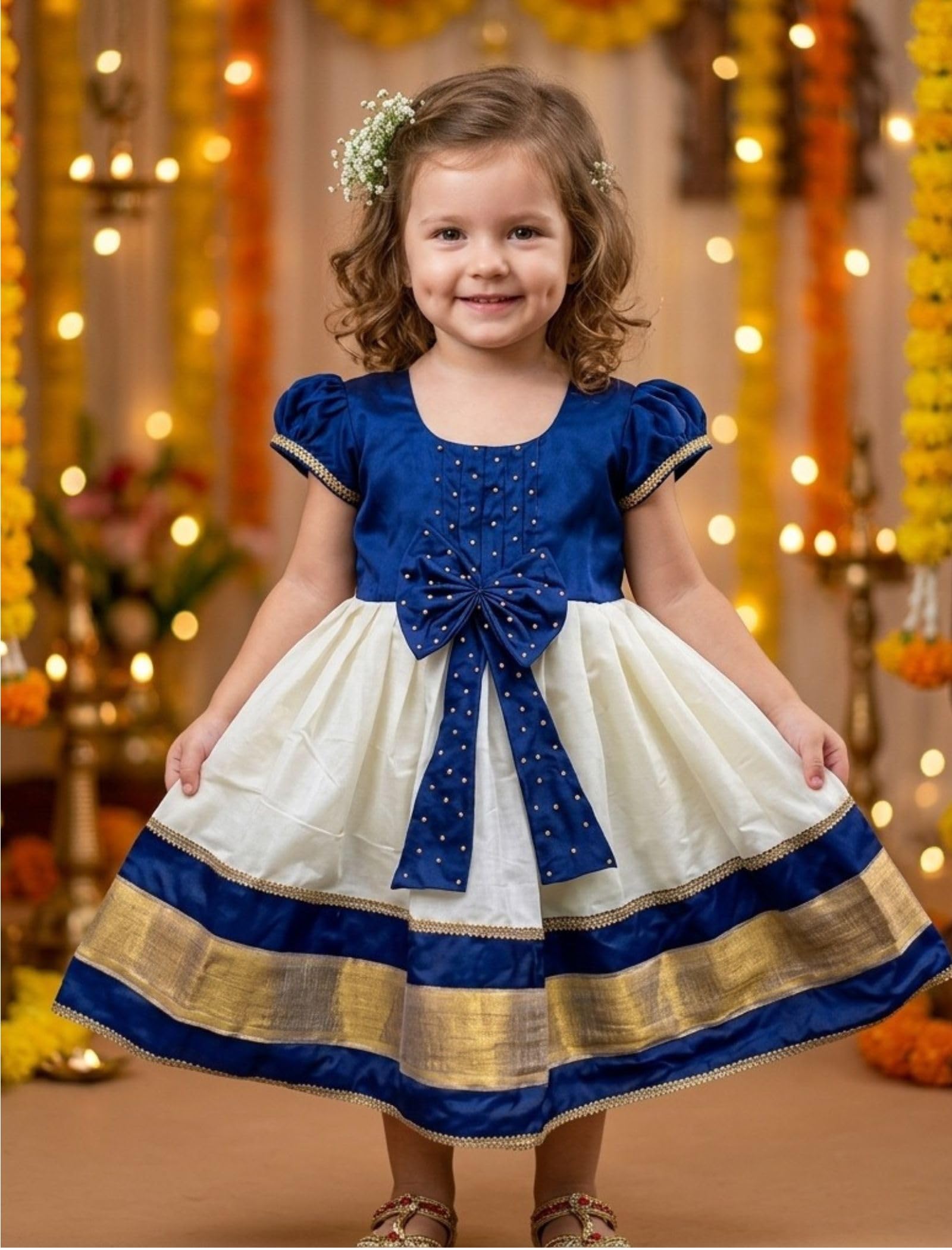 Angel f Studio Baby Girls Cotton Silk Midi/Knee Length Festive/Party/Wedding Pattu Dress Blue 1