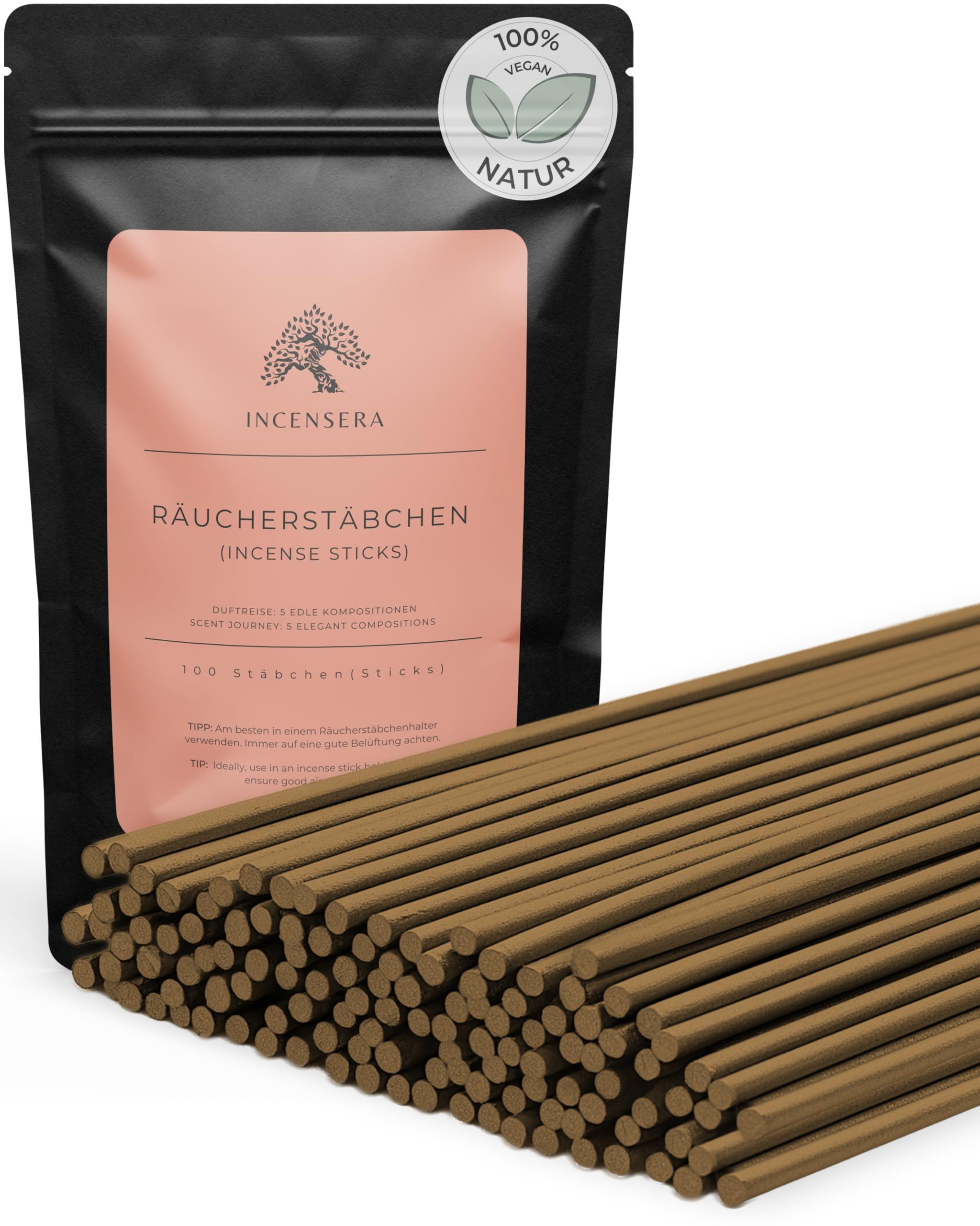 Incensera Räucherstäbchen Set 5×20 – 100 Incense Sticks – Meersalz Lavendel, Salbei Eukalyptus, Sandelholz Rose, Osmanthus Agarholz & Weihrauch Orangen Blüte – Meditation, Yoga, Rauhnächte Geschenkset