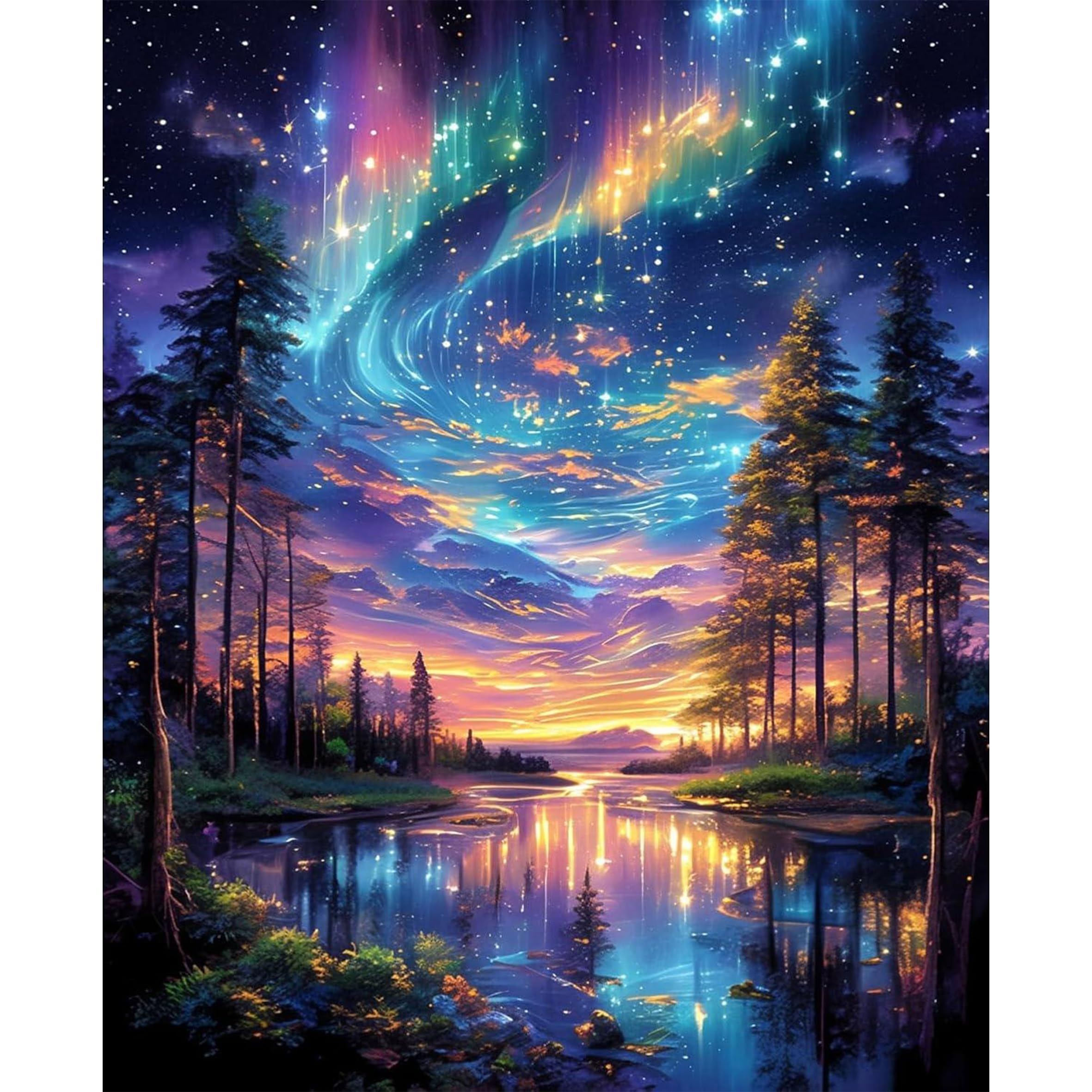 Jakener Diamond Painting-Starlit Sky-1 Aurora Landscape Diamond Art Kits For Adults Beginners,Galaxy Diamond Painting Kits For Adults,5D Full Drill Diy Diamond Dot Gem Art Kit Wall Home Decor Arts Craft 12X16 Inch