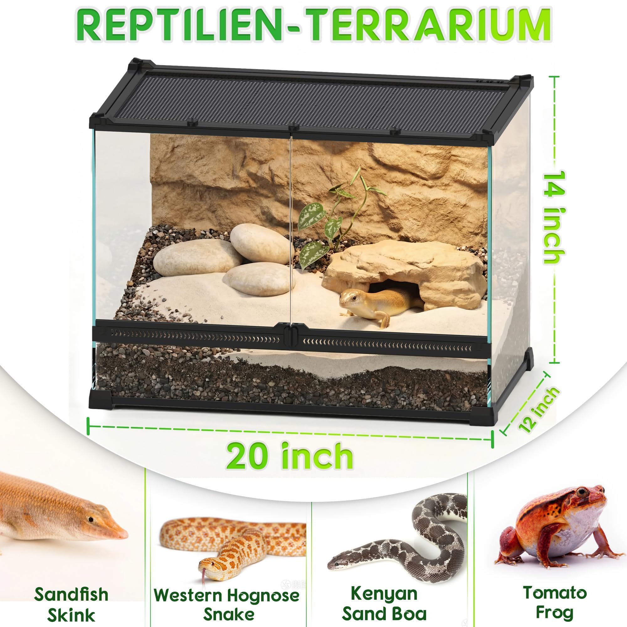 Terrario de cristal profesional de 14 galones de 20 x 12 x 14 pulgadas, tanque de hábitat para reptiles duradero con marco de aleación de aluminio resistente al calor, doble frontal para no