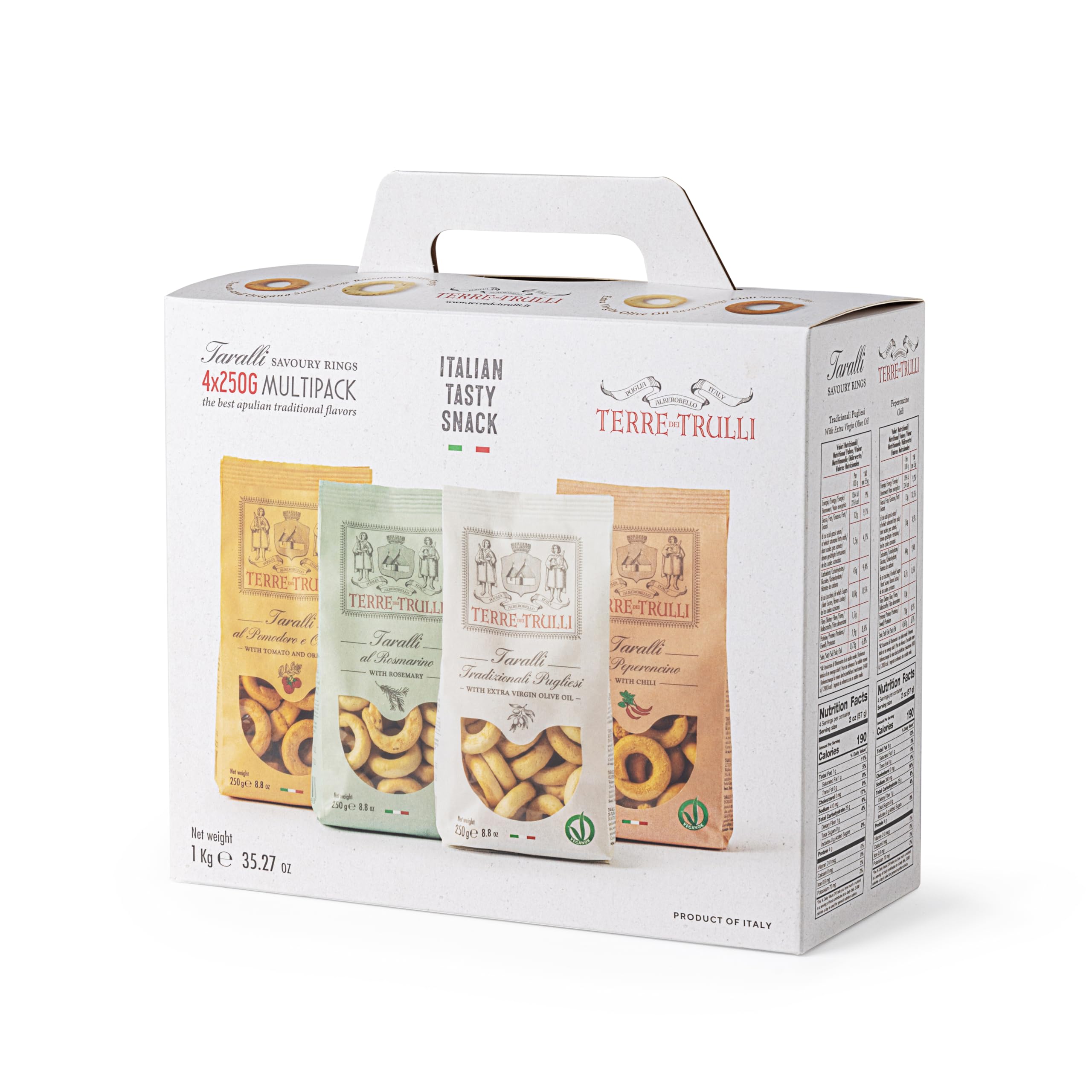 Terre Dei Trulli Taralli Multi Pack - 4 Confezioni Da 250g | Pugliesi Tradizionali Pugliesi, Rosmarino, Pomodoro e Origano, Peperoncino | Taralli Artigianali | Snack Salati Per Un Aperi Snack Genuino