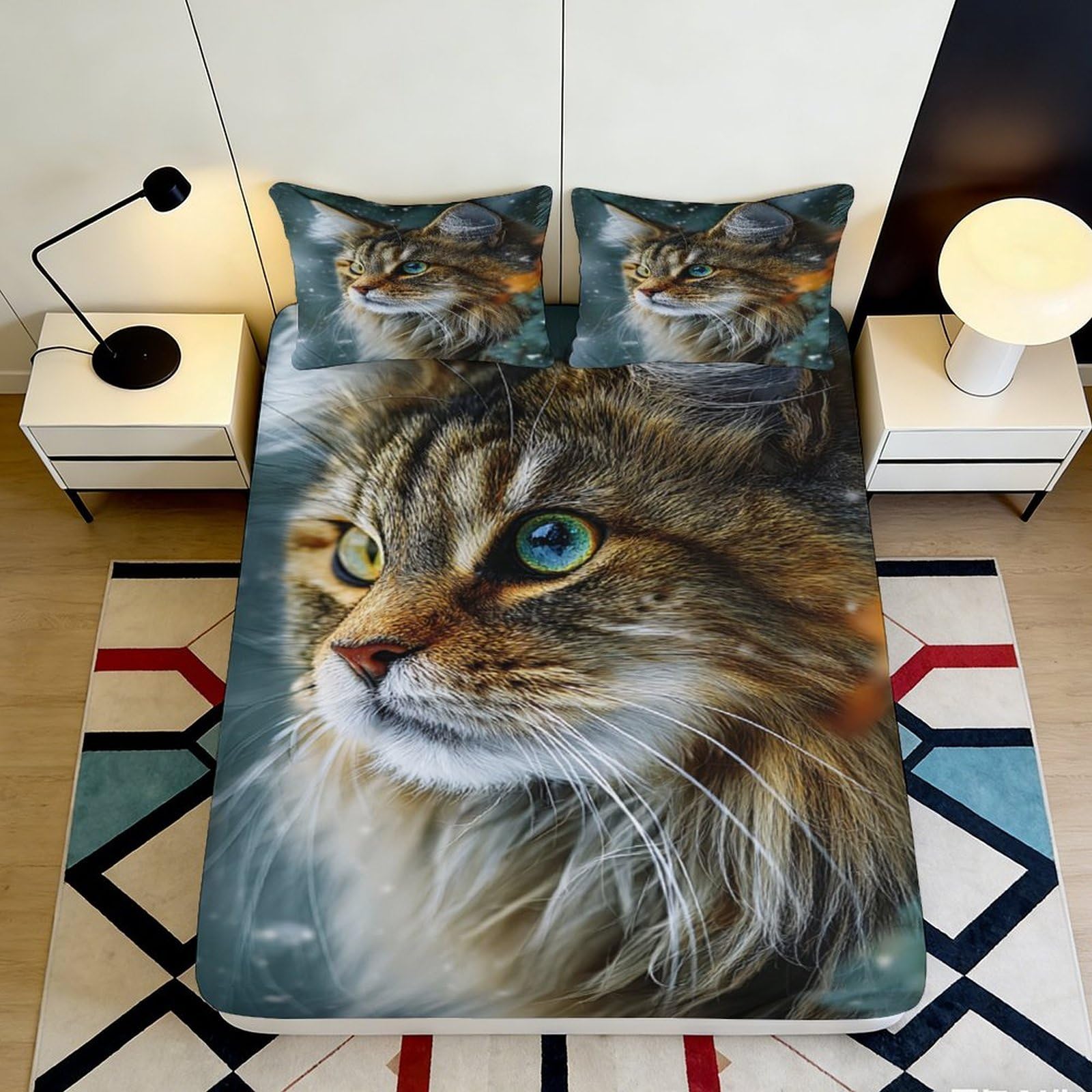 3D Printed Realistic Cat Portrait Fitted Sheet Microfiber Non-Slip Mattress Cover for Bedroom Dorm Decorative Protection, Washable 90x200x25cm