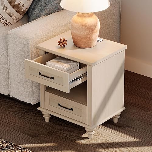 Miniatura 4 de WAMPAT Mesa auxiliar beige con estación de carga, elegante mesita de noche para dormitorio con 2 cajones y estante abierto, mesa auxiliar de madera