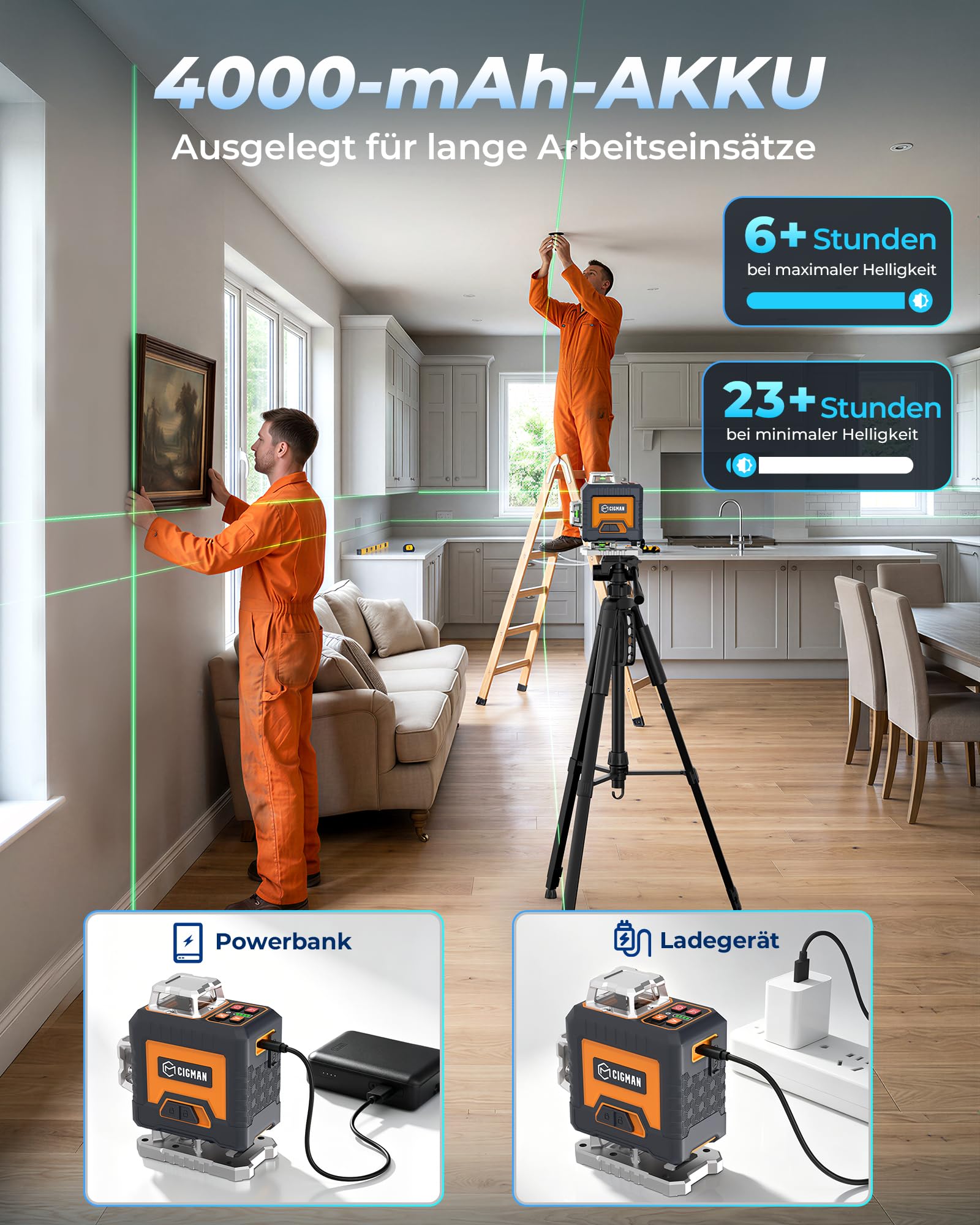 Kreuzlinienlaser 4X360°, CIGMAN Intelligente Selbstnivellierend mit App | Fernbedienung, Professionelles Grün Laser Nivellierwerkzeug für Bau, Fliesenlegen, Rahmenbau, abgehängte Decken,CMG16