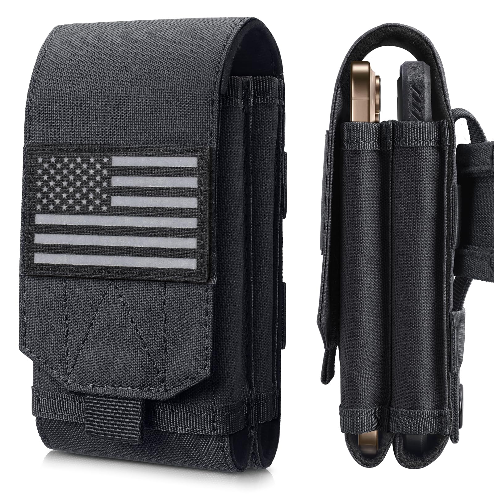 Molle Phone Pouch Tactical Holster Universal Dual Cell Phone Holder Utility EDC Pouch with US Flag Patch (Black)