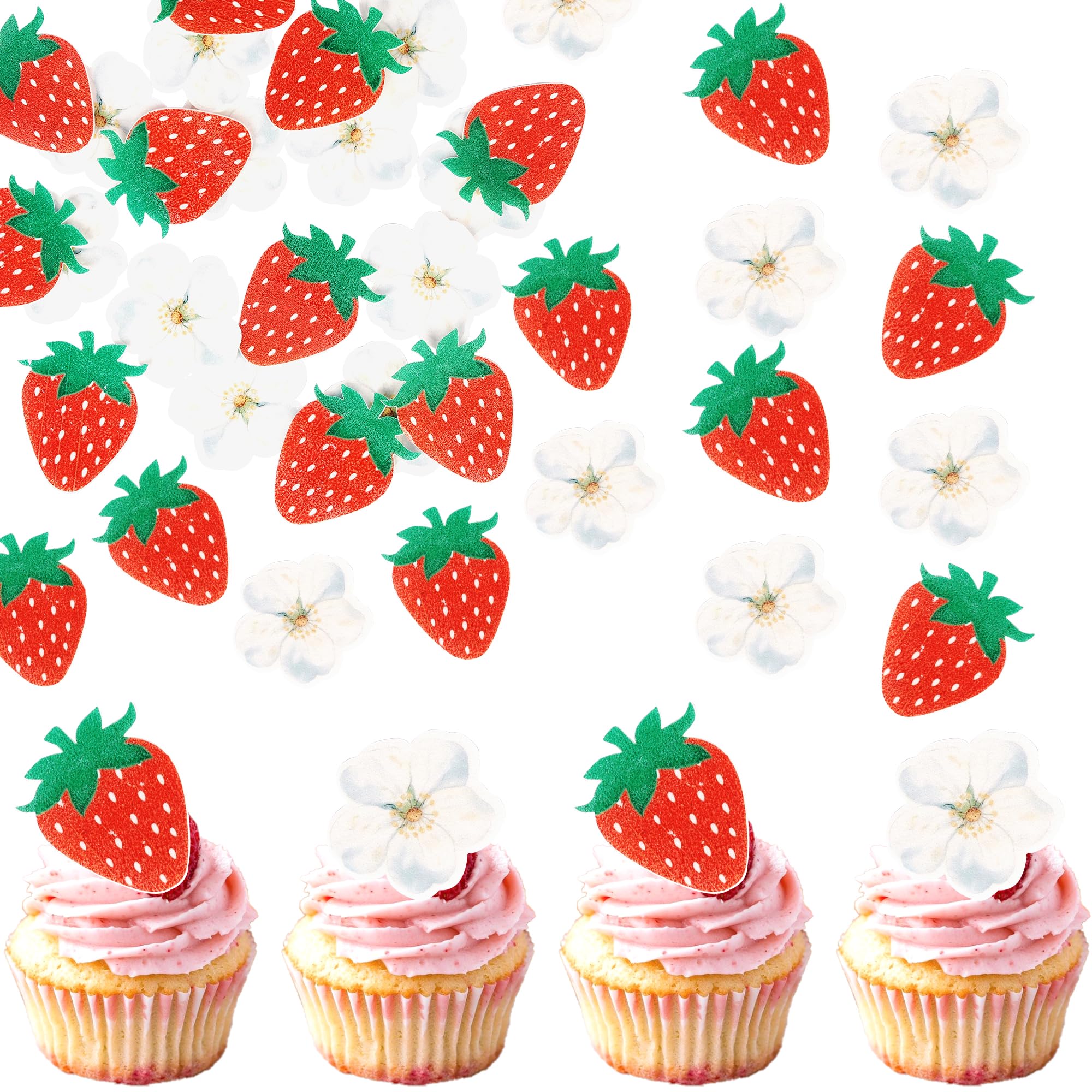 Xsstarmi 50 Pack Edible Strawberry Cupcake Toppers Rice Paper Red Strawberry with Flower Cupcake Picks for Baby Shower Kids Birthday Party Cake Decorations Supplies