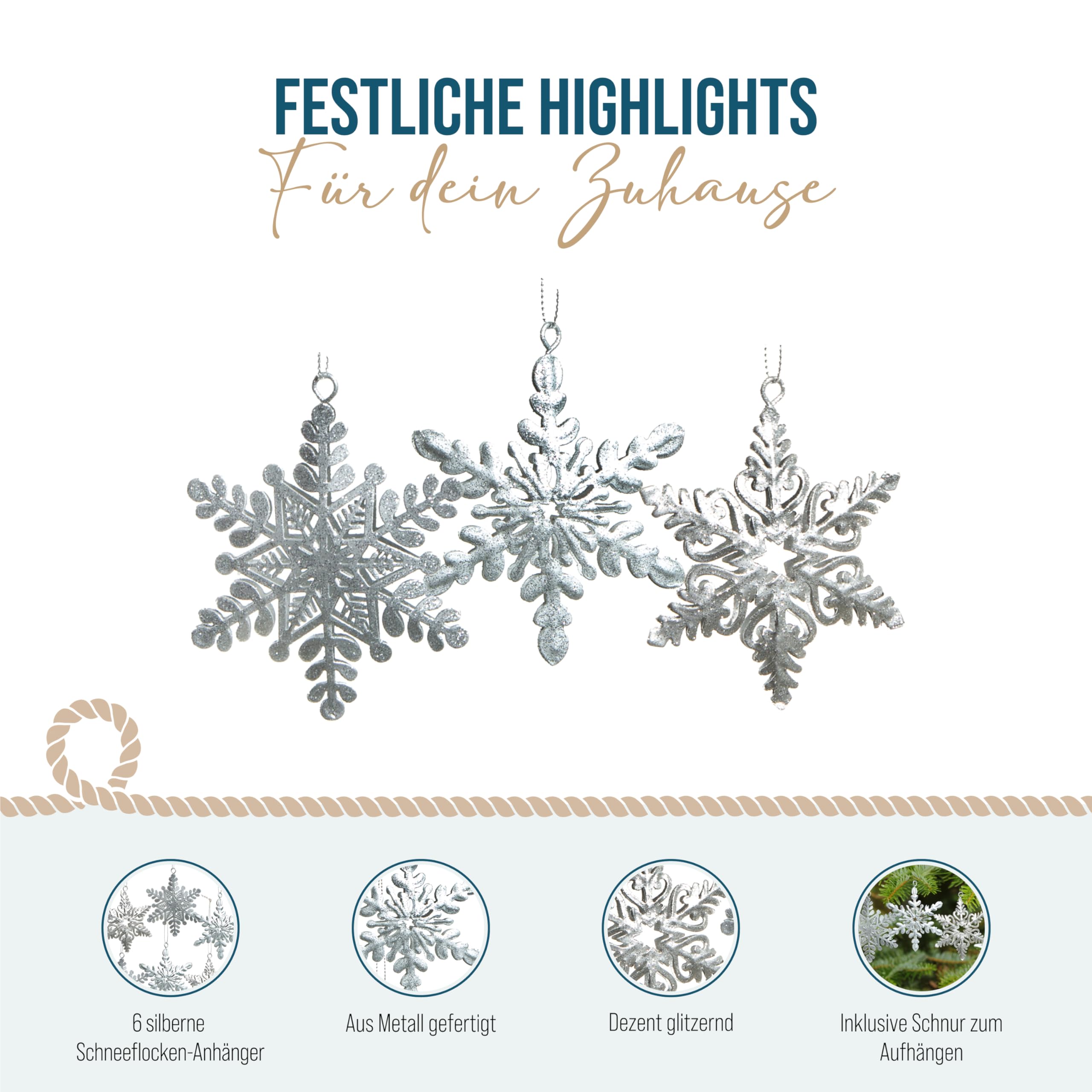 Anhänger Schneeflocken, 6 Stück: Weihnachtsanhänger Metall, Weihnachten Metallanhänger Geschenk, Weihnachtsbaum & Zweige, Weihnachtliche Deko, Baumschmuck Klein, Silber, 8 cm