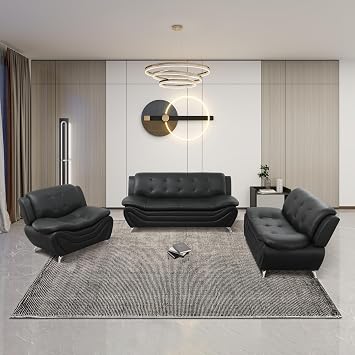 Leather Sofa Set for Living Room,Living Room Furniture Sets 3 Piece,Modern Couch Set with 3-Seater Sofa, Loveseat and ArmchairBlack,Sofa+Loveseat+Chair