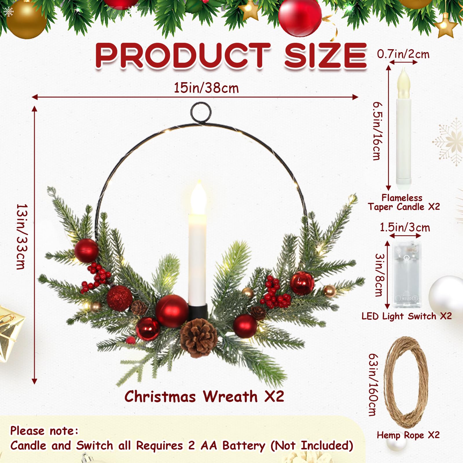 Dremisland Juego de 2 Corona Navidad Puerta con Luces 40cm Coronas de Navidad con Velas Corona de Adviento con Piñas Bayas Guirnalda Navidad Corona Artificial Decoración Navideña Chimenea Ventana