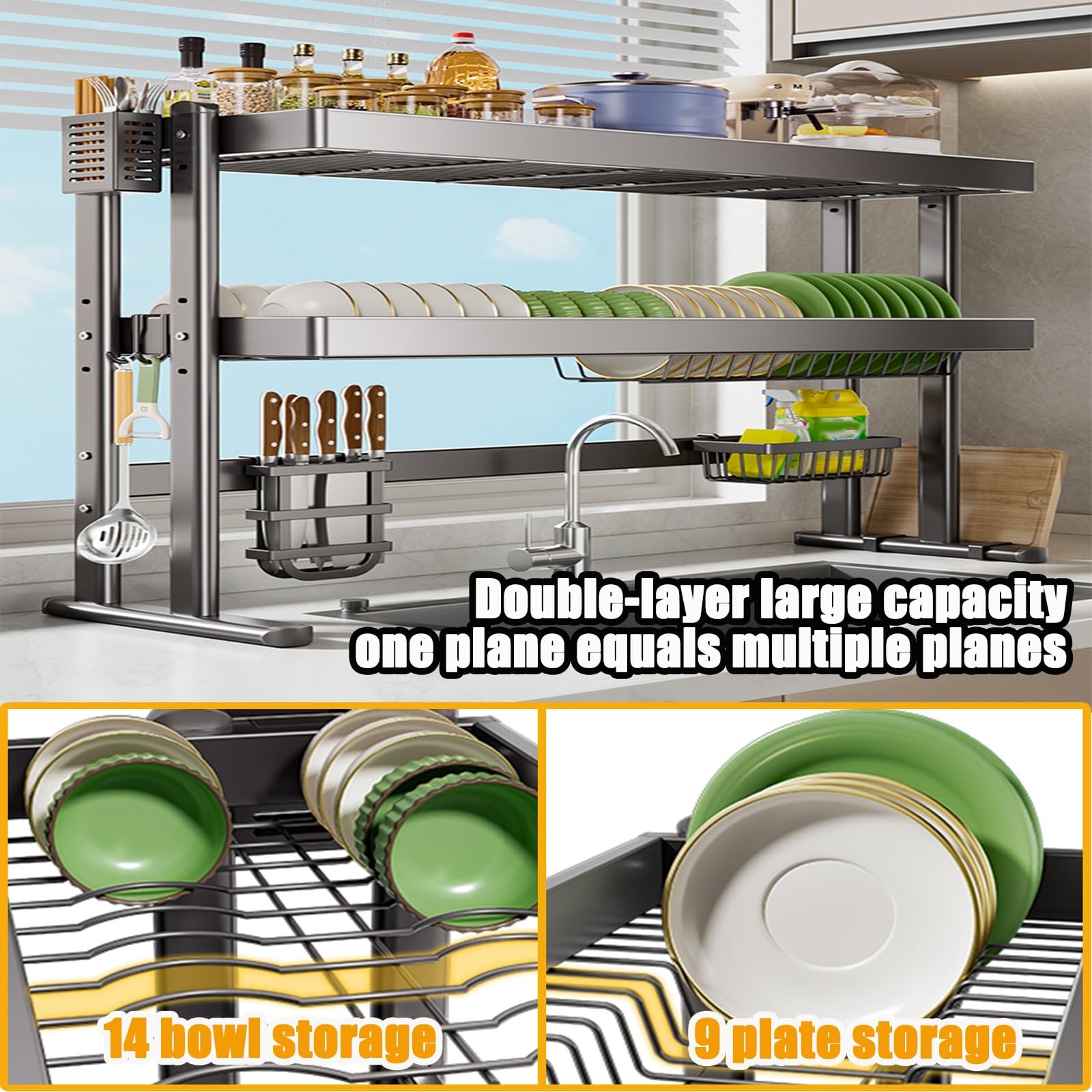 Escurridor de Platos de Doble Nivel para Fregadero de Cocina. Escurridor Grande Que Ahorra Espacio. Almacena Platos, Vasos, tazones y Cubiertos (Estructura Simple de 85 cm/33 Pulgadas).