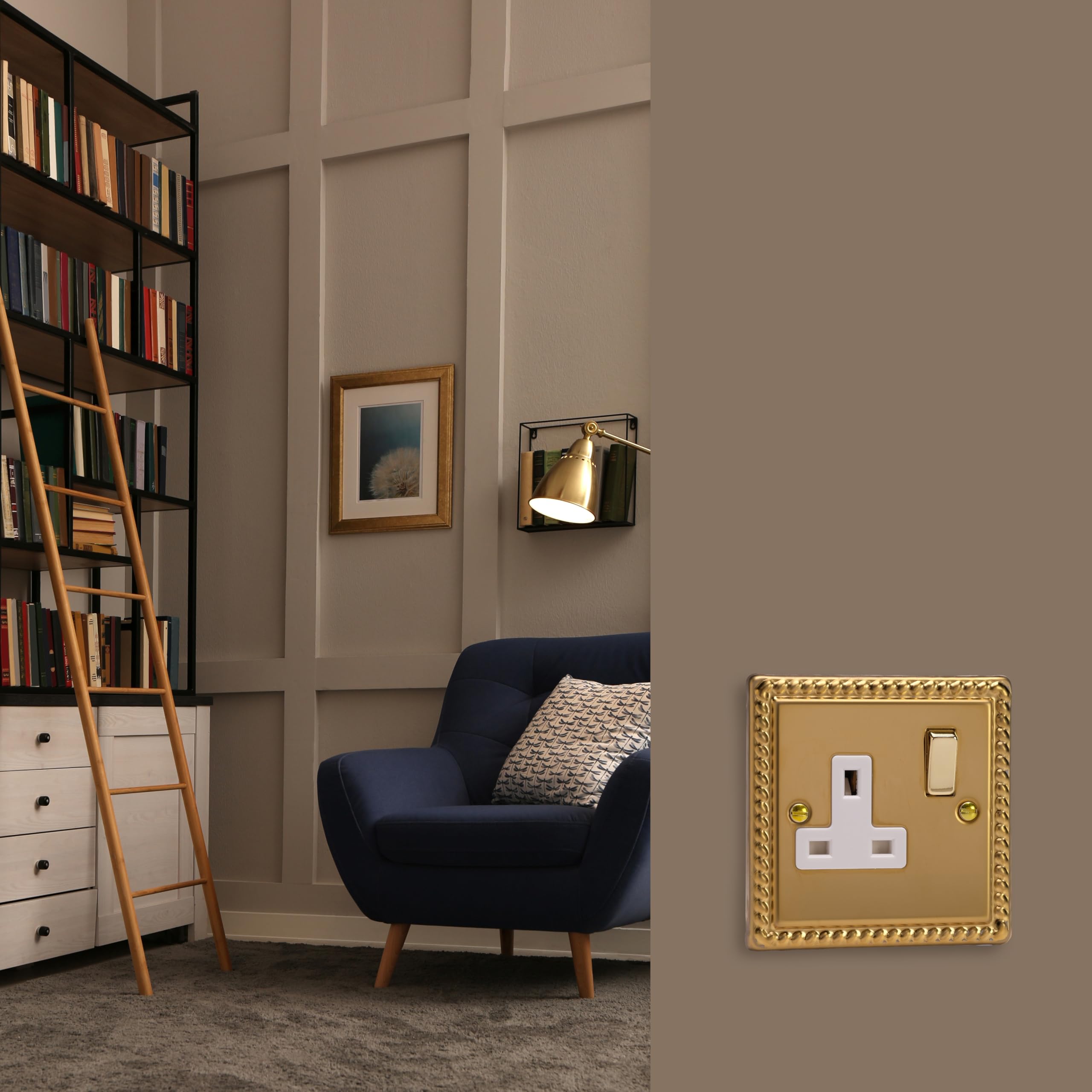 Varilight - 1 Gang 13 Amp Single Switched Socket Georgian Brass - XG4DW, White - Image 2