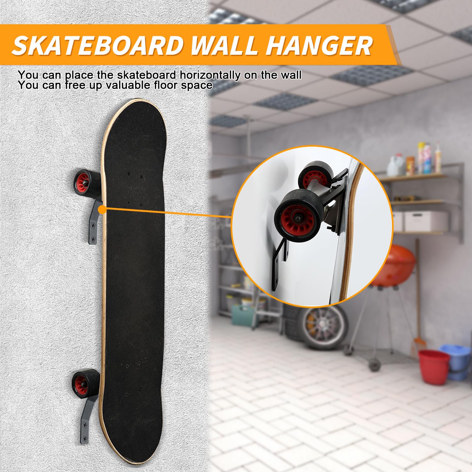 2 Supports Mural Skateboard Acrylique - Avec Crochet Rangement - Pour Skate, Longboard, Snowboard
