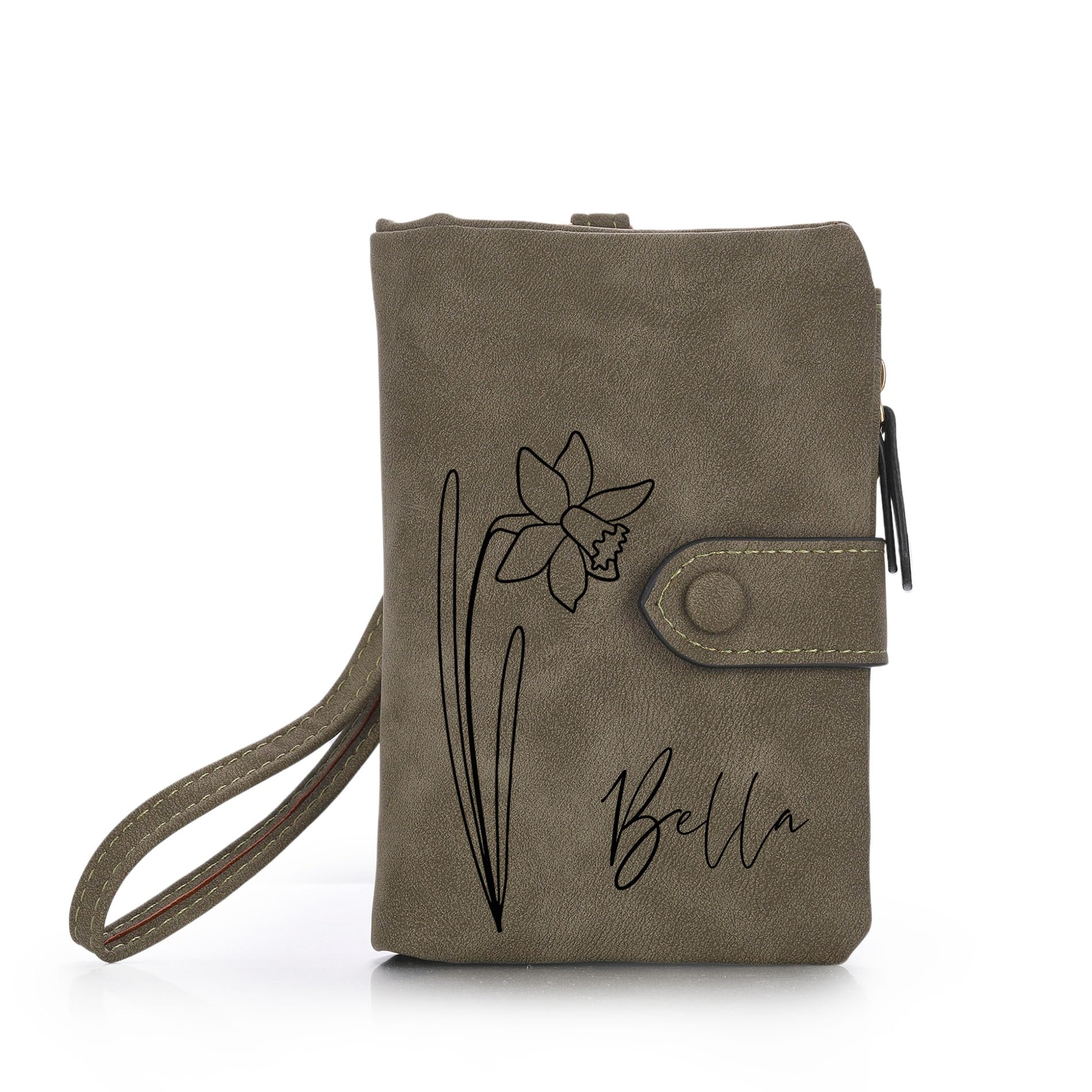 OTXIXTO Personalized Leather Wallets for Women Wallets with Zipper Coin Purse with Wrist Strap Small Ladies Wallet with Name Birth Flower Leather