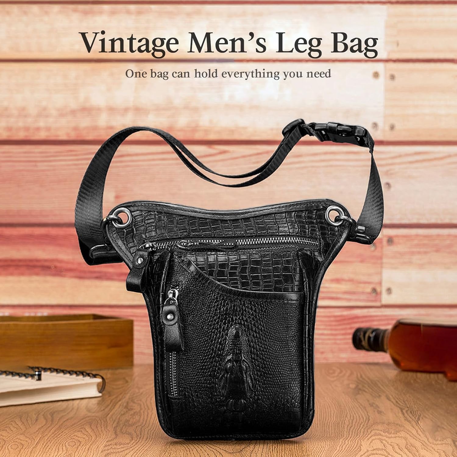 Cowhide Leather Motorcycle Leg Bag, Multi Pocket Waist and Shoulder Pack with Adjustable Strap for Riding Hiking Travel Sports (Black)