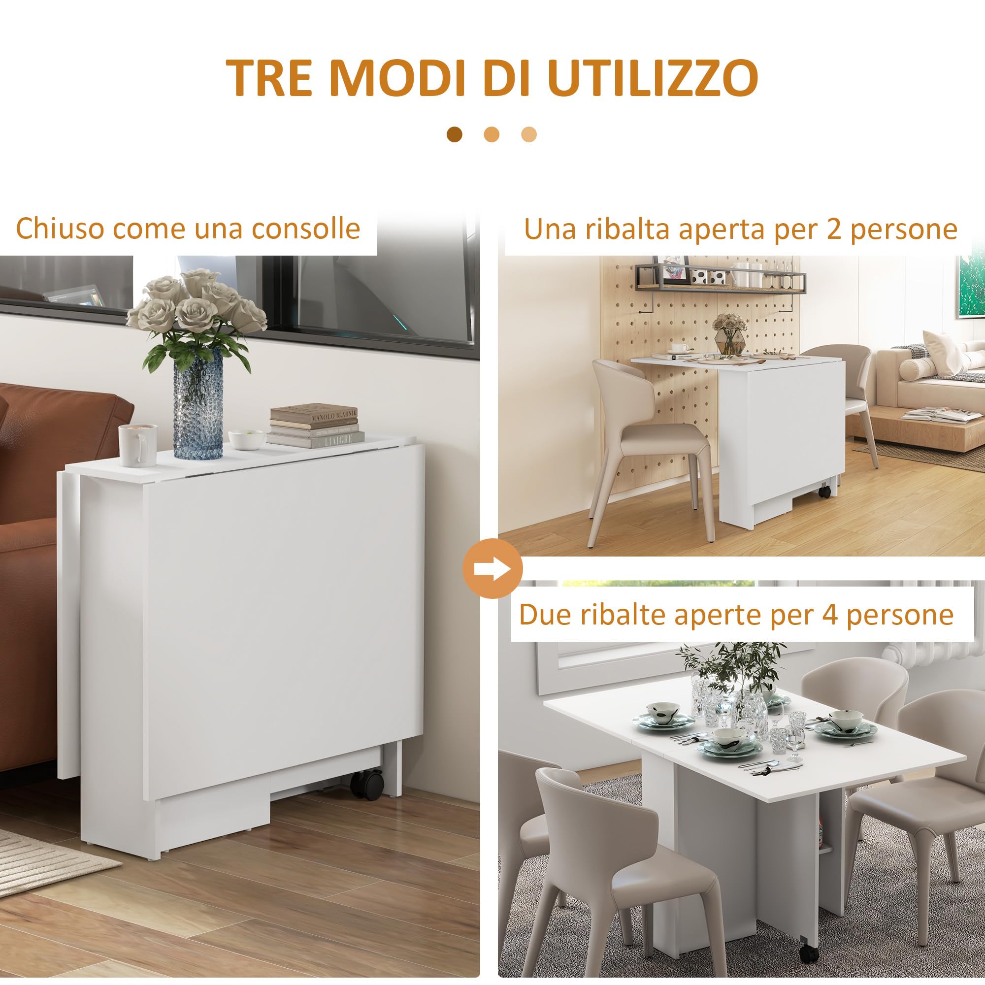 HOMCOM Tavolo da Pranzo Pieghevole, Tavolo Cucina a Ribalta con Ruote a Freno per 4-6 Persone, Scrivania Richiudibile con Ripiani, per Soggiorno, 140x80x74 cm, Bianco