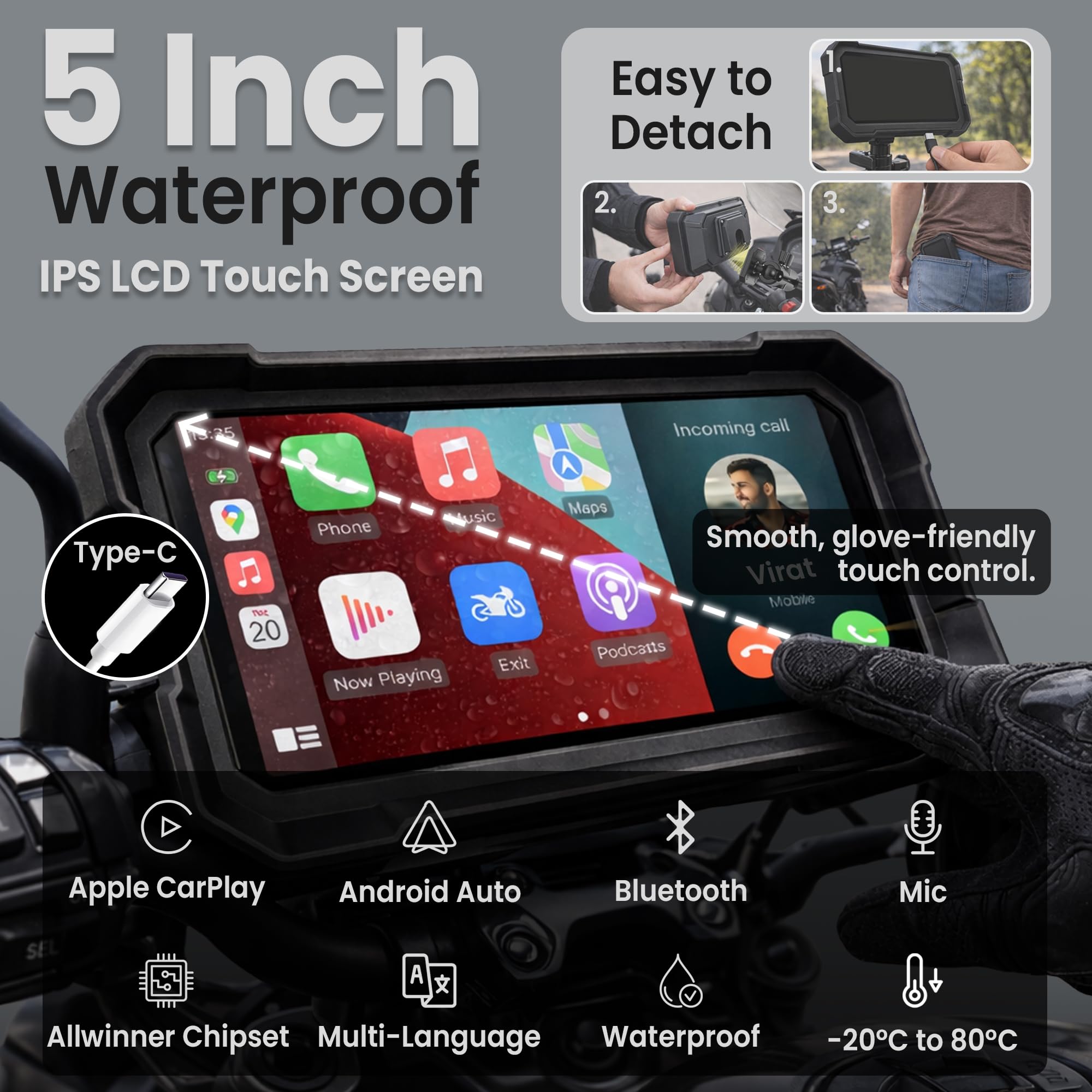 Autofy Motoplay 5 Inch Waterproof Bike Navigation Screen with Wireless CarPlay & Android Auto Quick Detachable Design, Android Auto Wireless Adapter — Amazon image 4