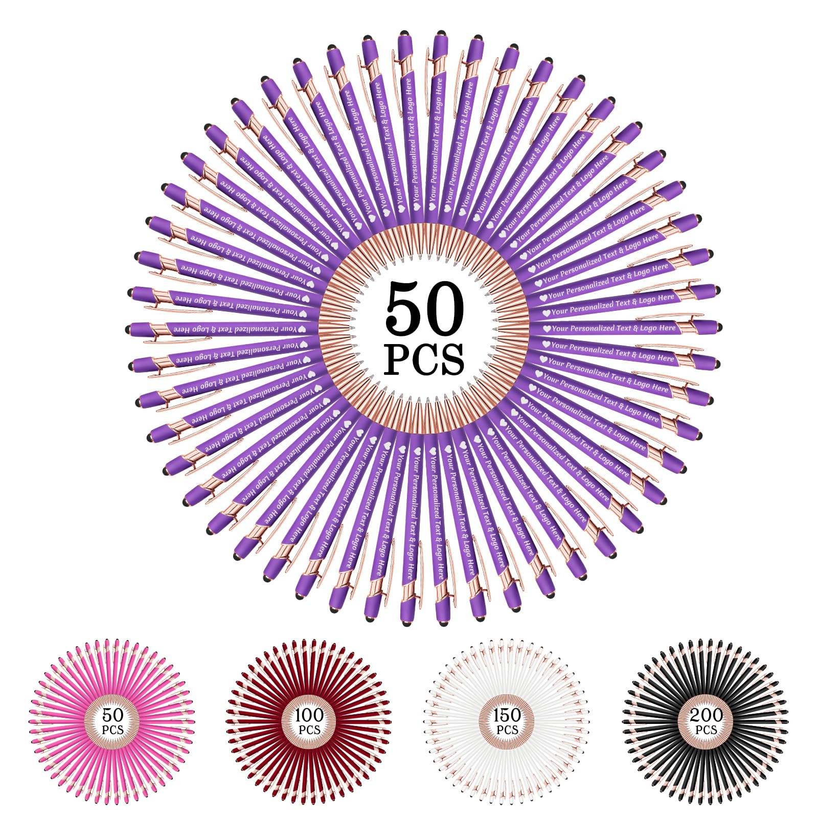 STREADVE 50 Personalised Pen Add Your Own Logo Name Pens Engraved Customised Ballpoint Pen Writing Stylus Pen Custom Bridal Shower Birthday Women Gift Unique Present, Purple