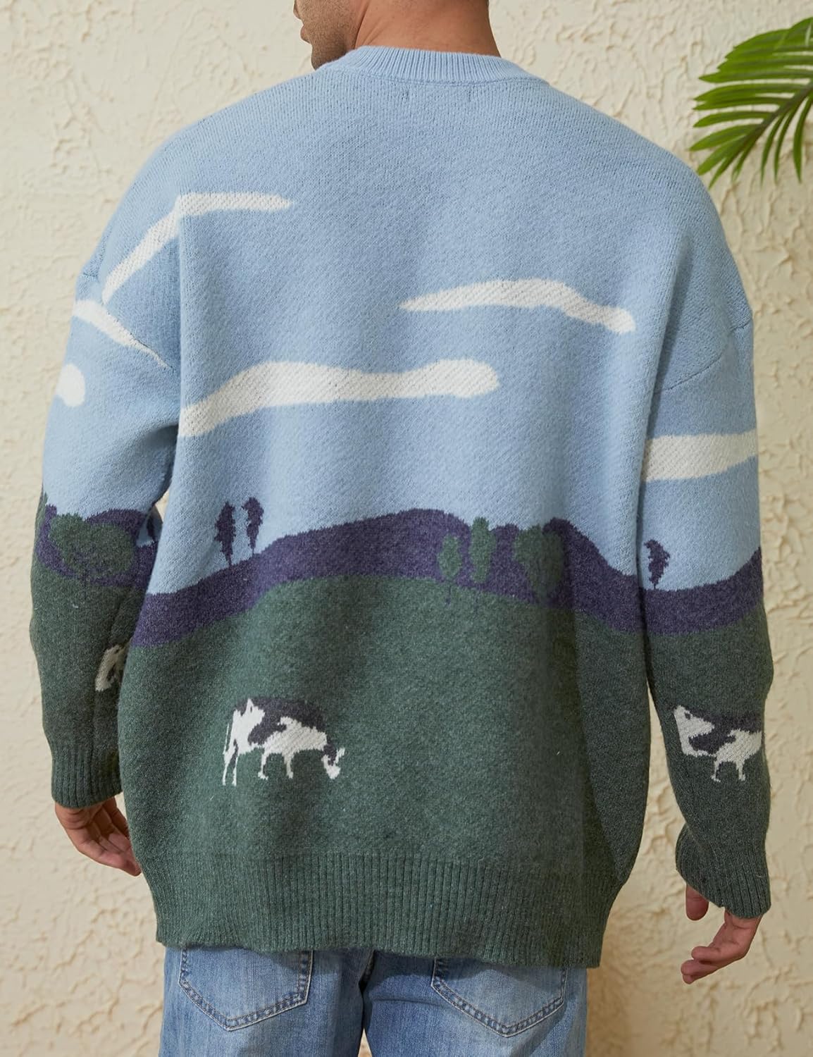 Men's Oversized Sweater Cows Graphic Casual Unisix Pullover Sweaters Vintage Knitted Retro Couple Tops