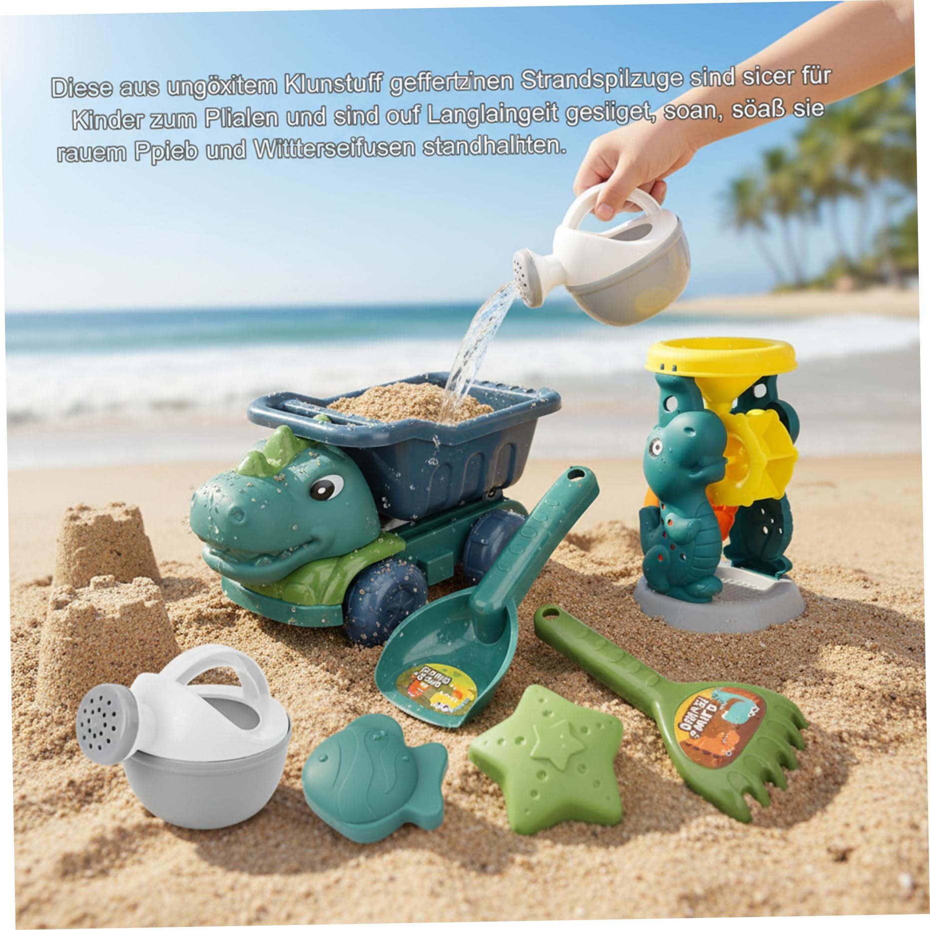 Dinosaurier-Sandspielzeug, Dinosaurier-Strandspielzeug-Set, 7-teiliges Sandspielzeug mit LKW, Sanduhr, Schaufeln und Formen für Kinder zum Spielen im Freien