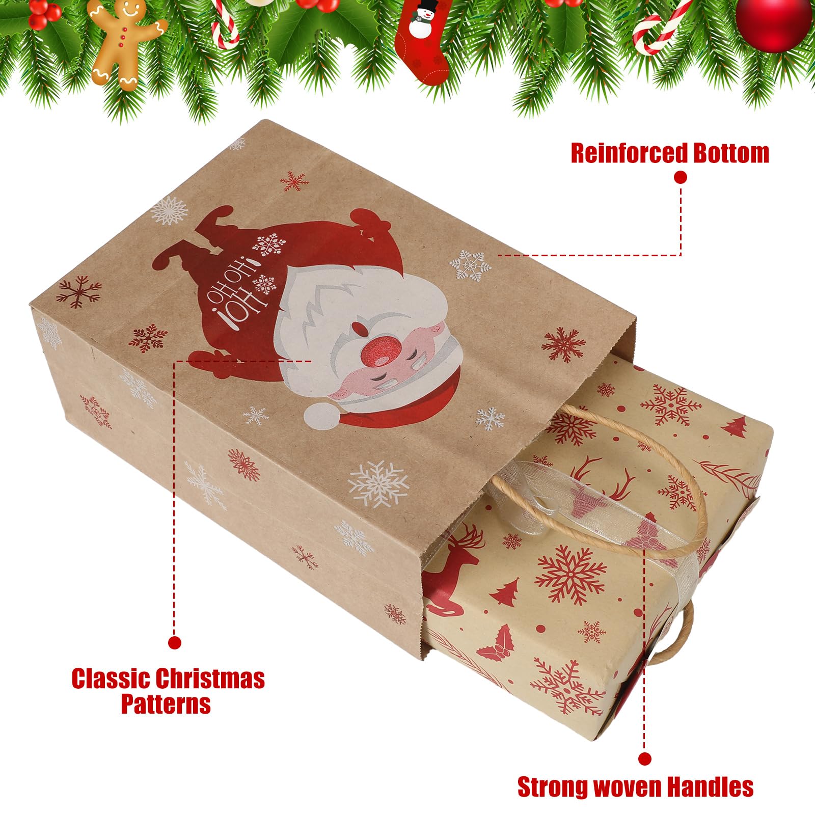 Cholemy 100 bolsas de regalo de Navidad con varios estampados de Navidad, bolsas de regalo de Navidad con asas, bolsas de papel de regalo de Navidad para envolver vacaciones de Navidad (estilo fresco,