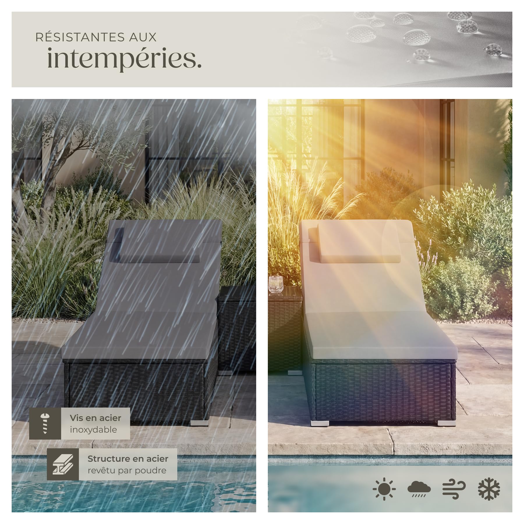 tectake® Chaise longue double en rotin 62x196x36 cm, Table d'appoint incluse, Transat Jardin Exterieur réglable 6 positions, Résistant aux UV et Intempéries, Bain de Soleil Max. 200kg, Jardin, Piscine