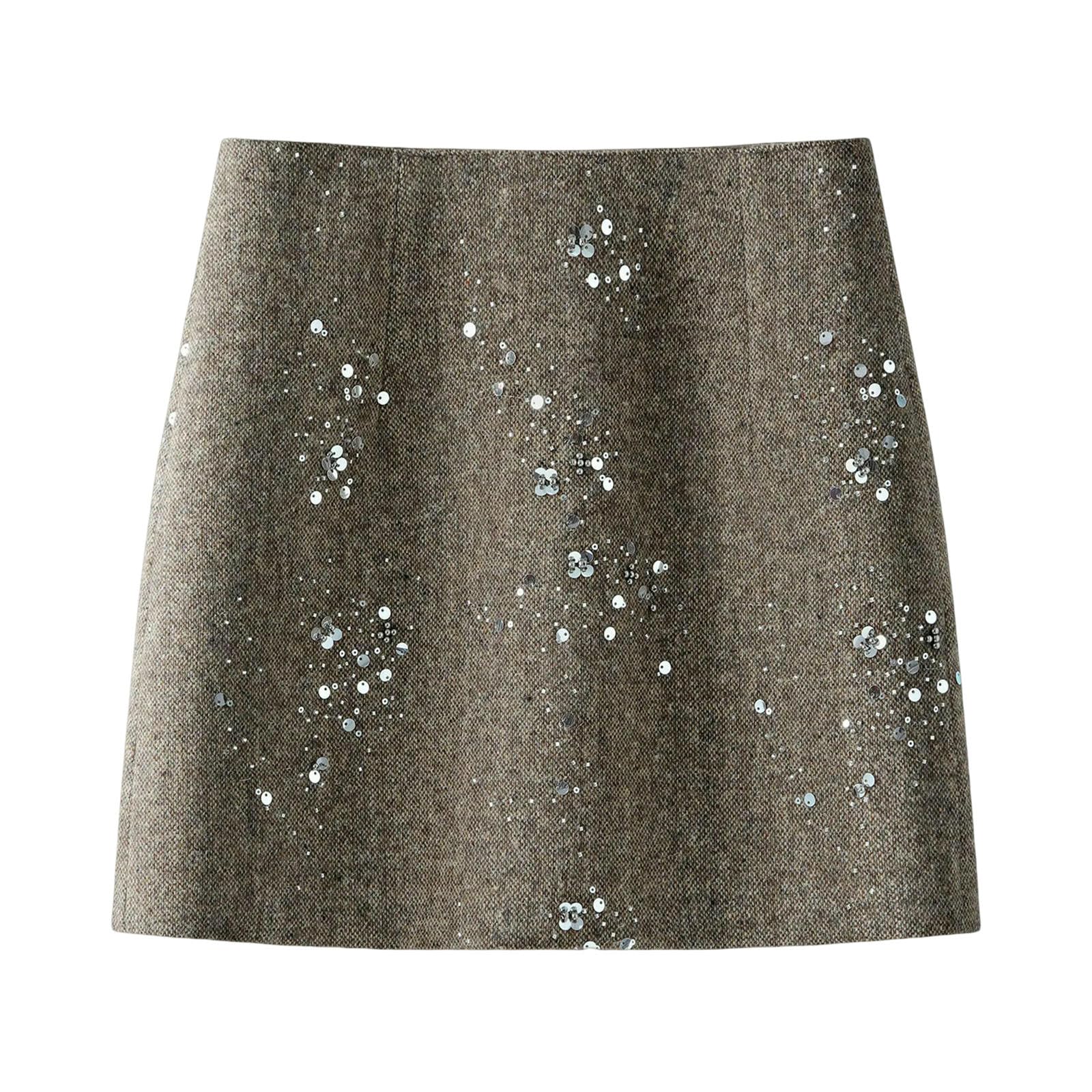 Rock Damen-Minirock, Pailletten, Hohe Taille, Lässig, Kurze Röcke, Damenkleidung, Büro, Damenmode, Party, Faldas, Braun-grau-l