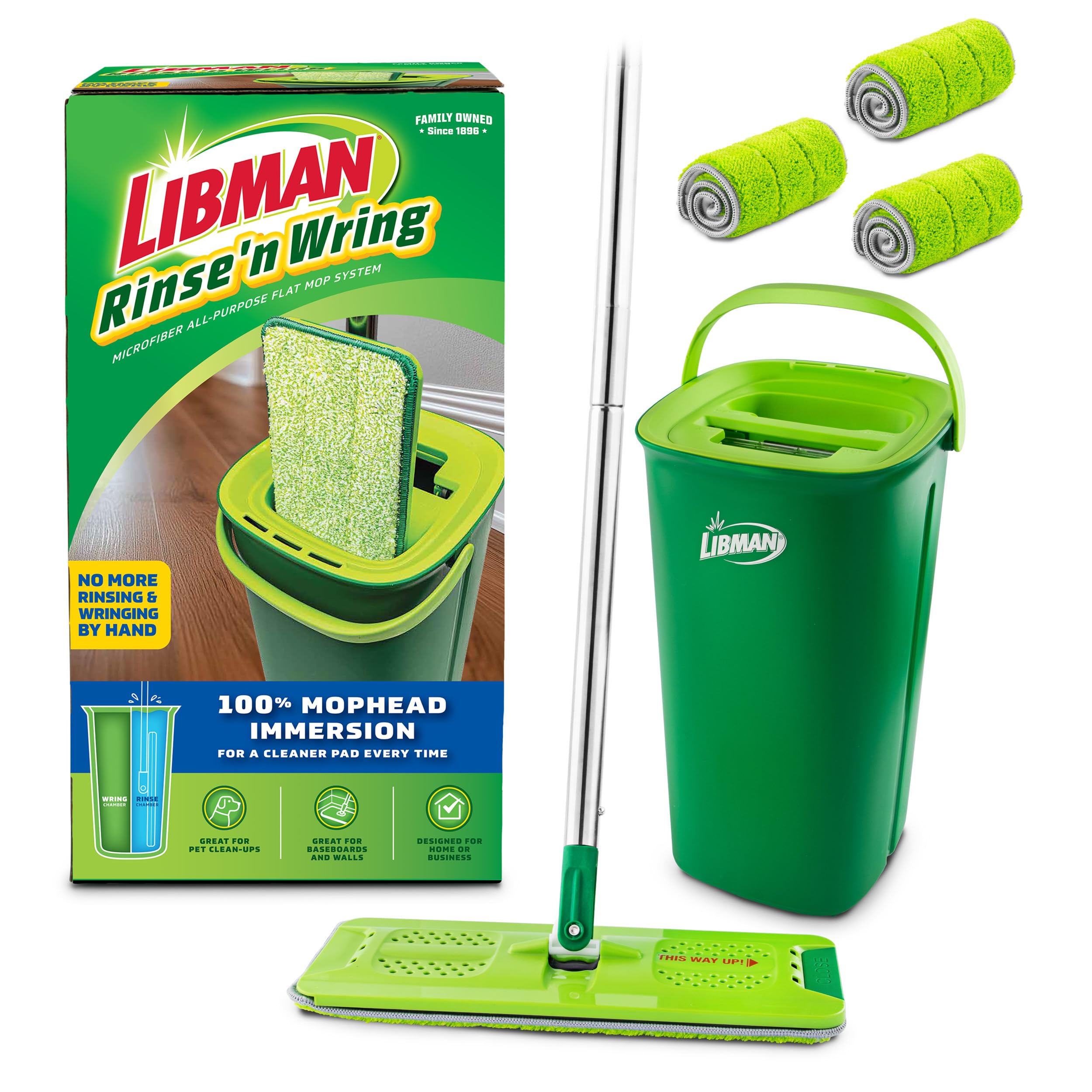 Libman Rinse 'n Wring Mopp-und-Eimer-System, Mikrofaser-Bodenwischer, Hartholzbodenreiniger, Nass- und Trockenmopp, Kammern für sauberes und schmutziges Wasser, Power-Klingen, 4 Mikrofaser-Pads