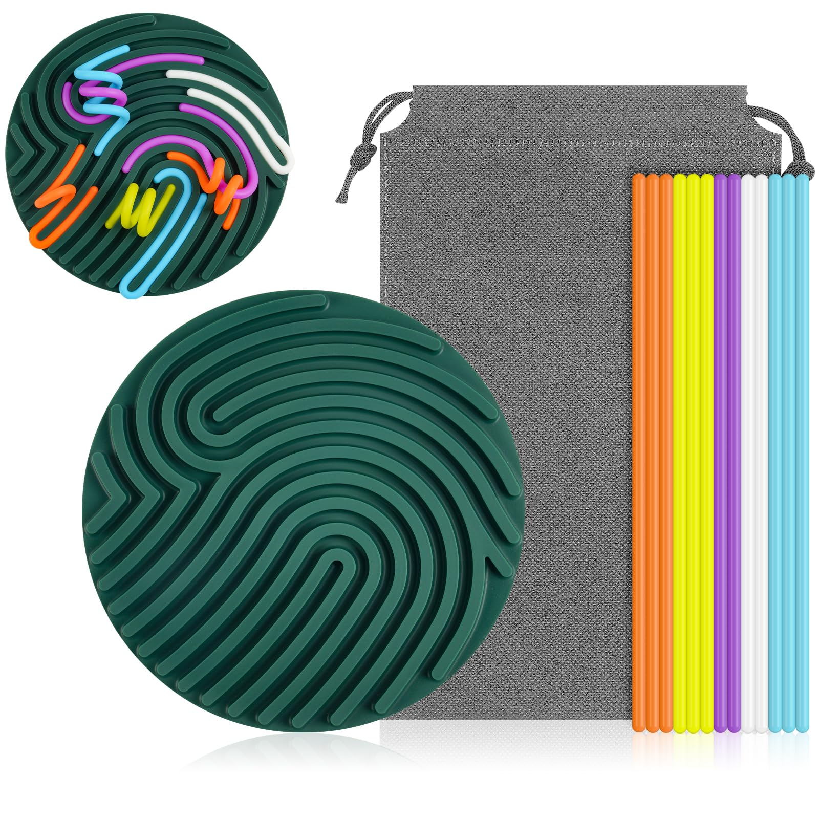 AUAUY Sensory Activity Board, Silicone Fidget Toys for Stress Relief, Calming, Focus, ADHD and Autism, Push Peel Sensory Board with Portable Bag & 13 Strings (Dark Green)