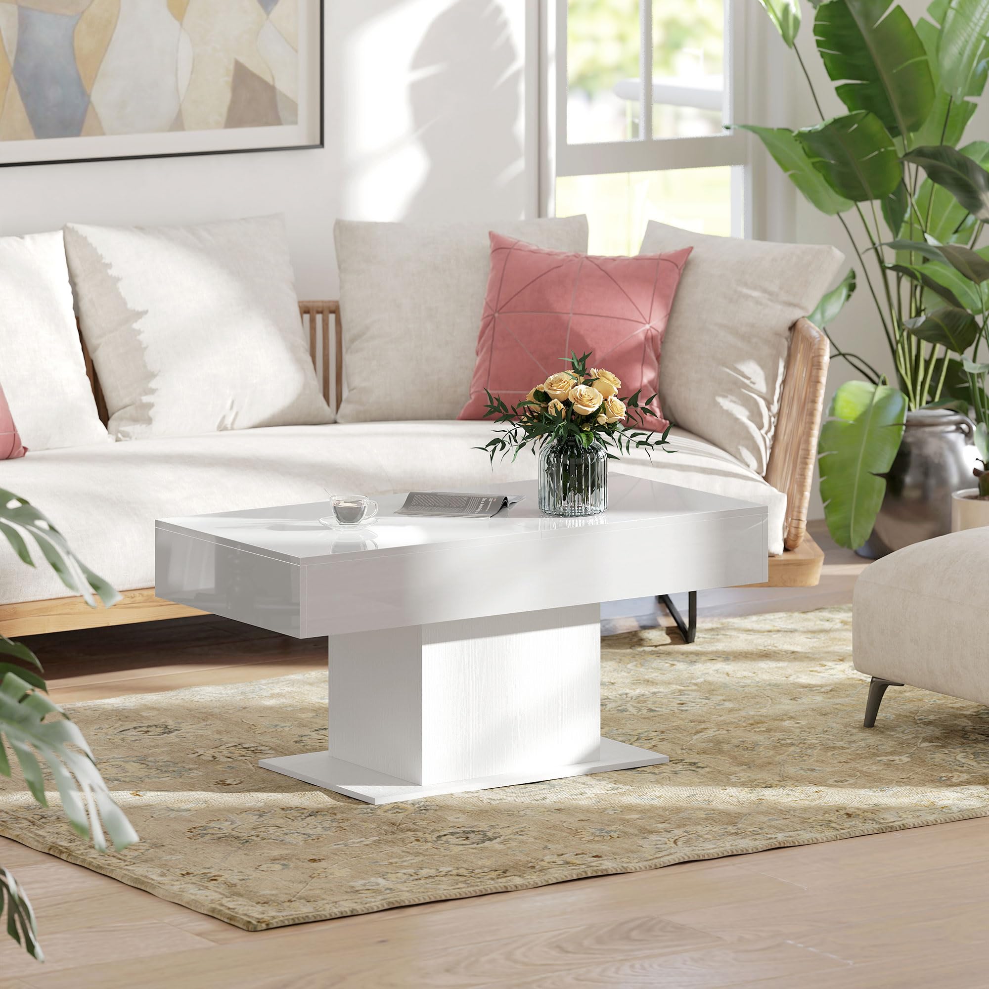 HOMCOM Tavolino da Caffè Estensibile con Vano Contenitore, Tavolino Salotto Allungabile Moderno con Piedini Antiscivolo, Tavolo Soggiorno per Casa Ufficio, 108-178.5x53x49 cm, Bianco Lucido
