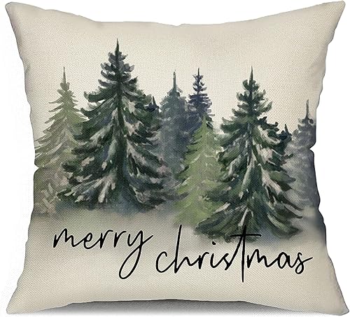 DFXSZ Fundas de almohada de Navidad de 16 x 16 pulgadas, decoración de Navidad, acuarela, azul, verde, árbol de Navidad, estilo rústico, estampado