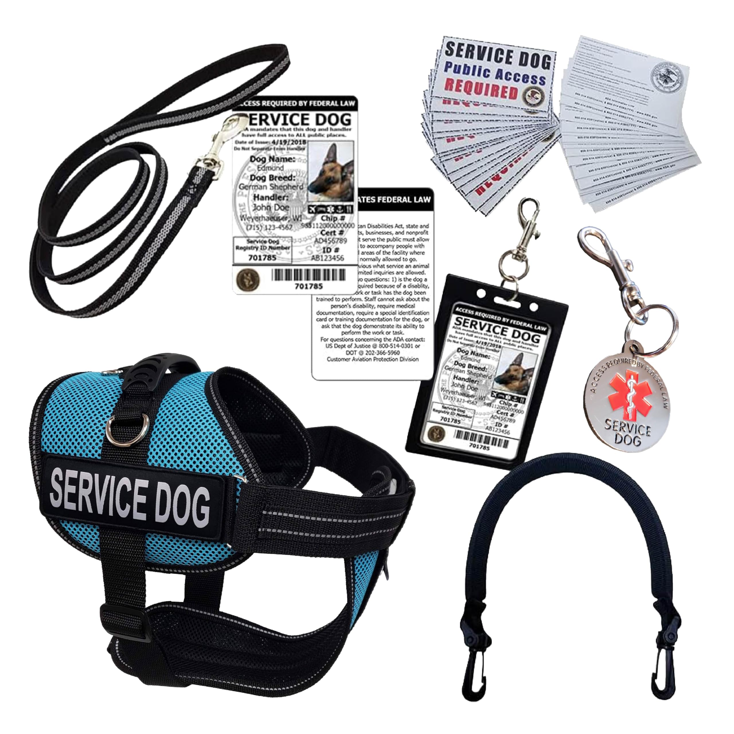 ActiveDogs Full Service Dog Kit - Medium Aqua - Vest Harness with Handle, ID, ID Holder, ADA Service Dog Cards, Medical Alert Keychain, Leash &