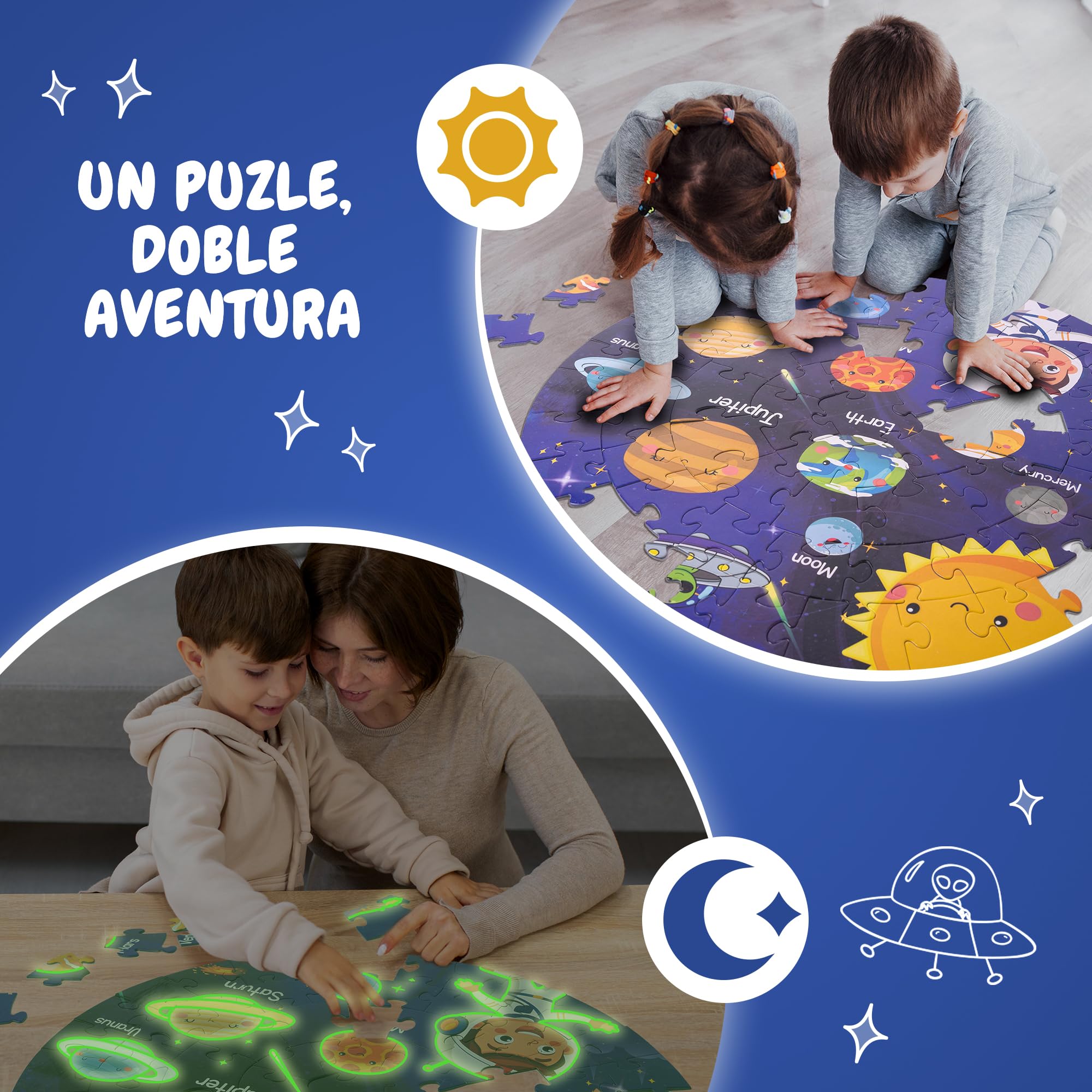 Puzzle Sistema Solar De 72 Piezas Para Niños De 3 A 8 Años, Forma Redonda, Cartón Grueso, Póster 1:1 Incluido, Regalo Educativo Y Divertido