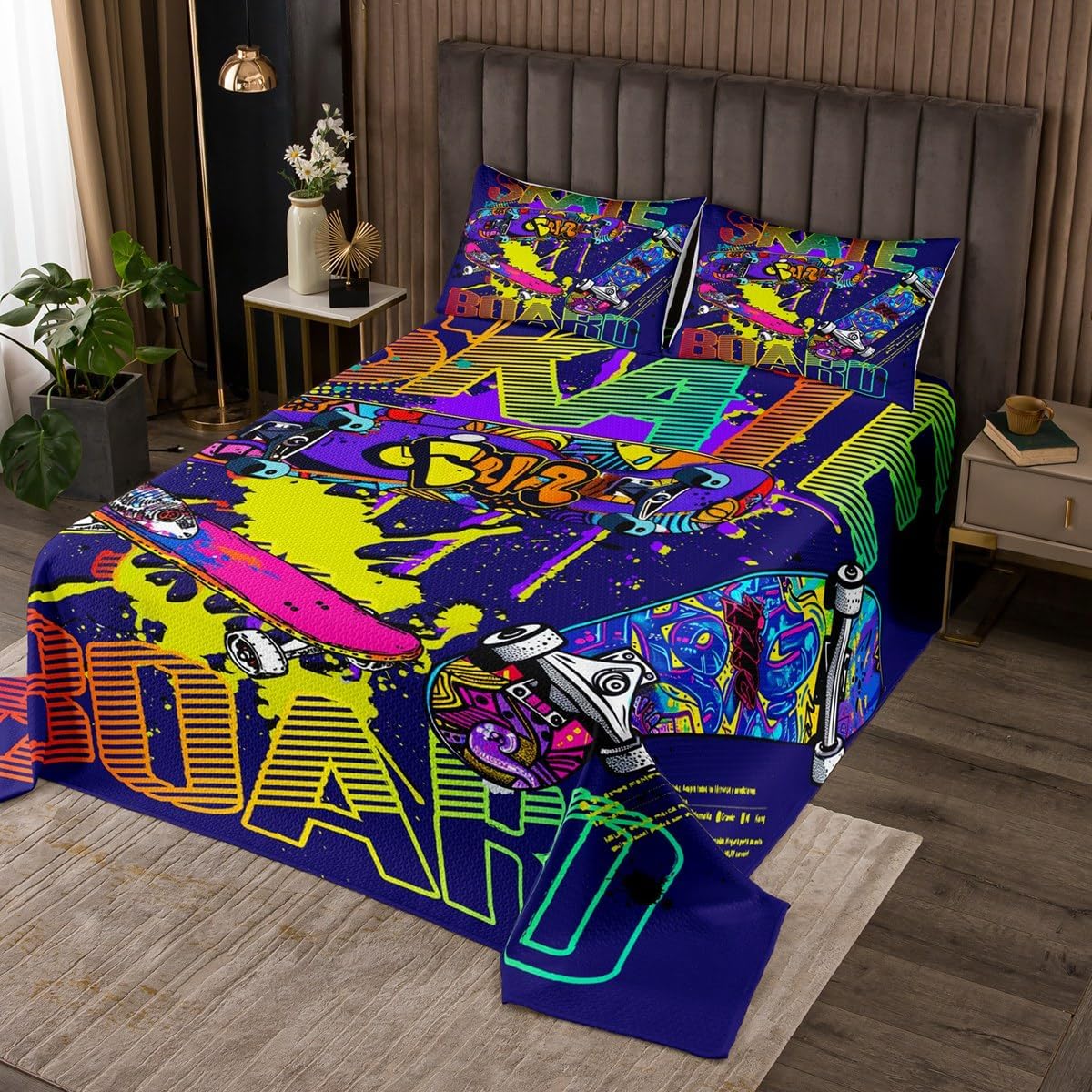 Castle Fairy Cartoon Skateboards Bedspread Twin Size,Colorful Graffiti Bedding Sets 2Pcs for Kids Girls Boys Room Decor,Cool Hip Hop Style Comforter Set Extreme Sports Quilt Coverlet,1 Pillowcase