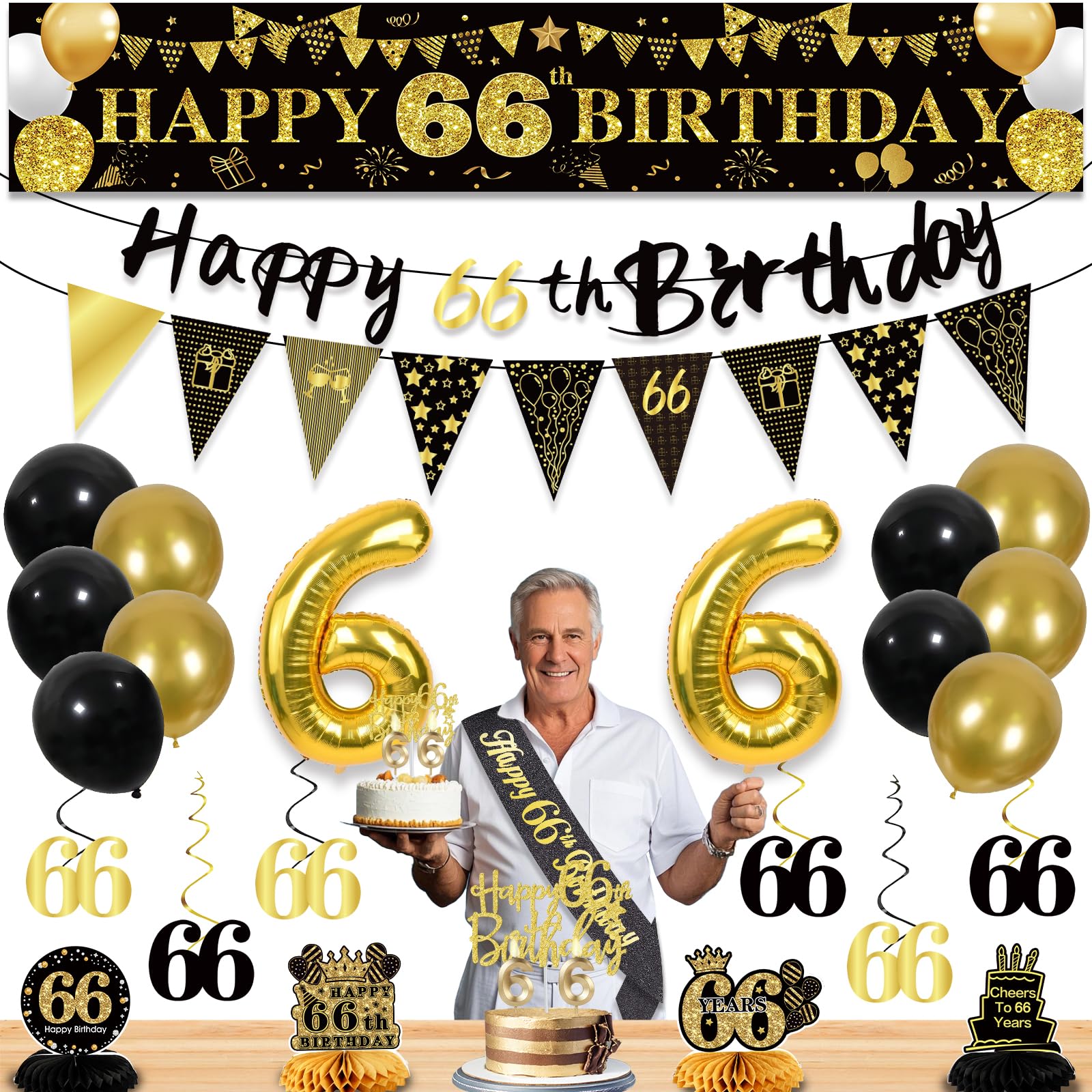 66th Birthday Decorations for Men, Black Gold 66th Party Decorations
