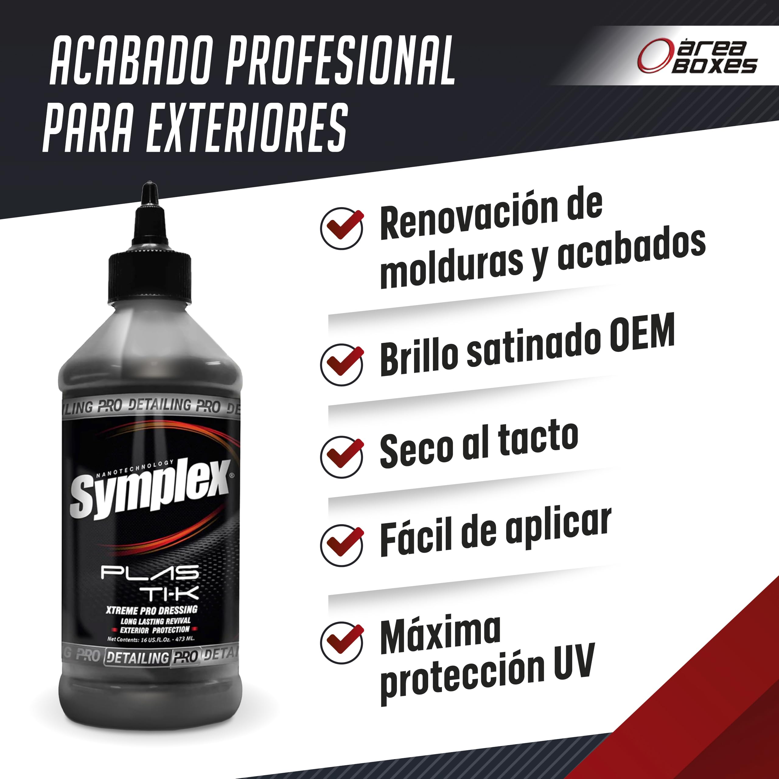 Idratante per plastica esterna per auto [Symplex Plasti-K] senza grasso. Protezione UV e finitura satinata. Rinnovatore resistente all'acqua e alla pioggia | Detailing professionale (PLASTI-K, 948 ml)