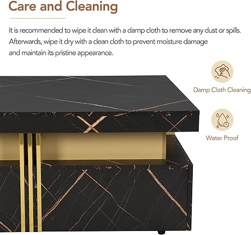 Miniatura 6 de SSLine Moderna mesa de centro cuadrada de color negro y dorado, mesa de centro de cóctel de mármol sintético de lujo con 4 cajones de