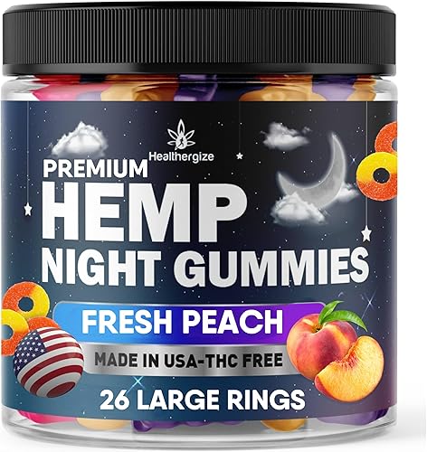 Healthergize Gomitas de cáñamo para la noche, gomitas para siesta de alta potencia, paz y relajación, anillo de durazno comestibles, buen estado de