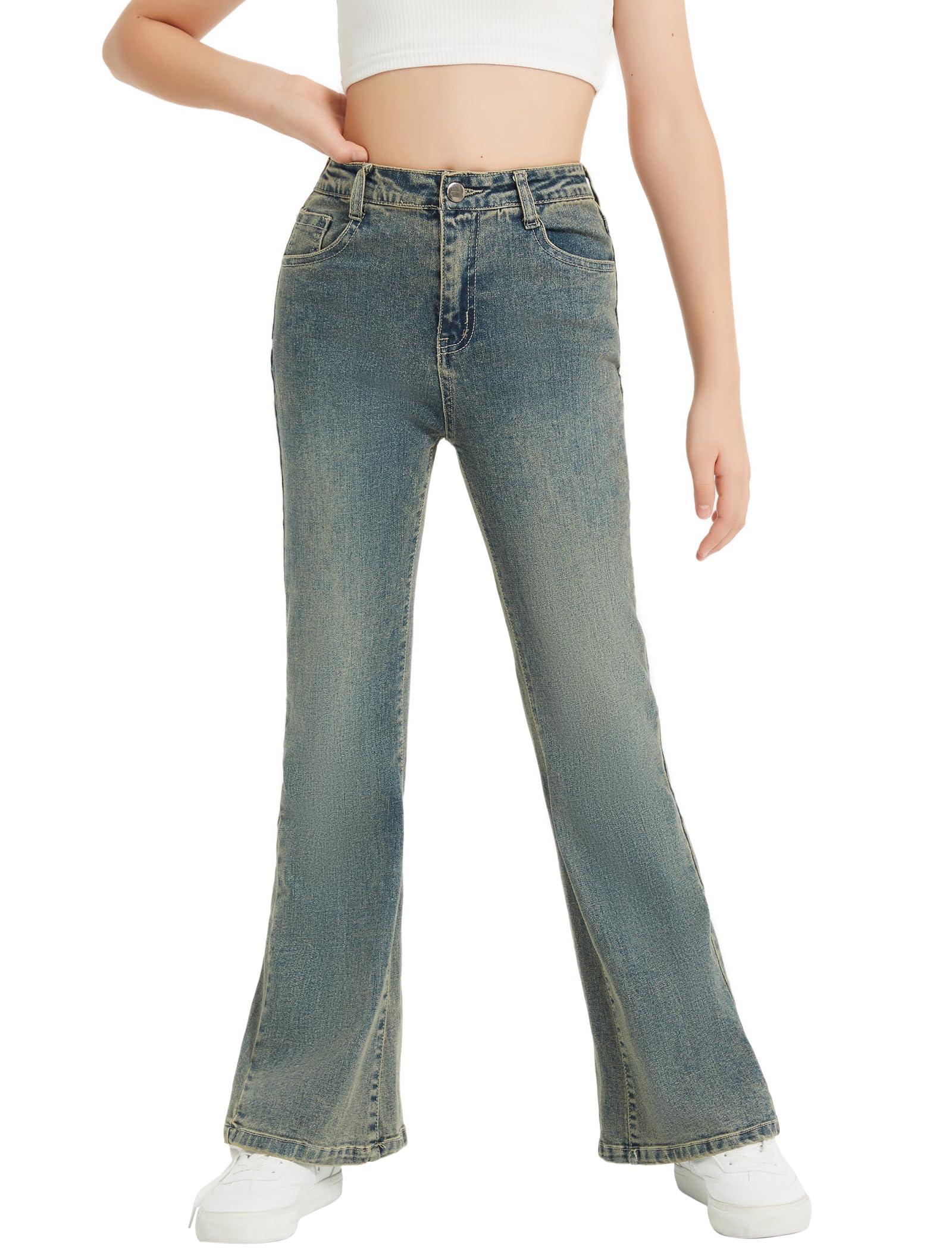 EXARUS Mädchen-Schlag-Jeans, Glockenunterteil, Denim-Hose, ausgestellt, gerissen, niedlich, Bootcut, mittelhohe Taille, elastische Taschen, Kinder