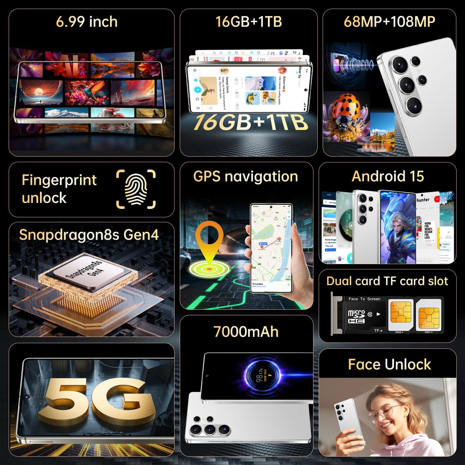 SZV 26 Ultra Unlocked Cell Phone,16+1TB 5G Unlocked Phone, Built in Pen Android 15 Battery 7000mAh 6.99" HD Screen Smartphone, Dual SIM/Face ID/Fingerprint Lock/GPS (White, 16+1TB)