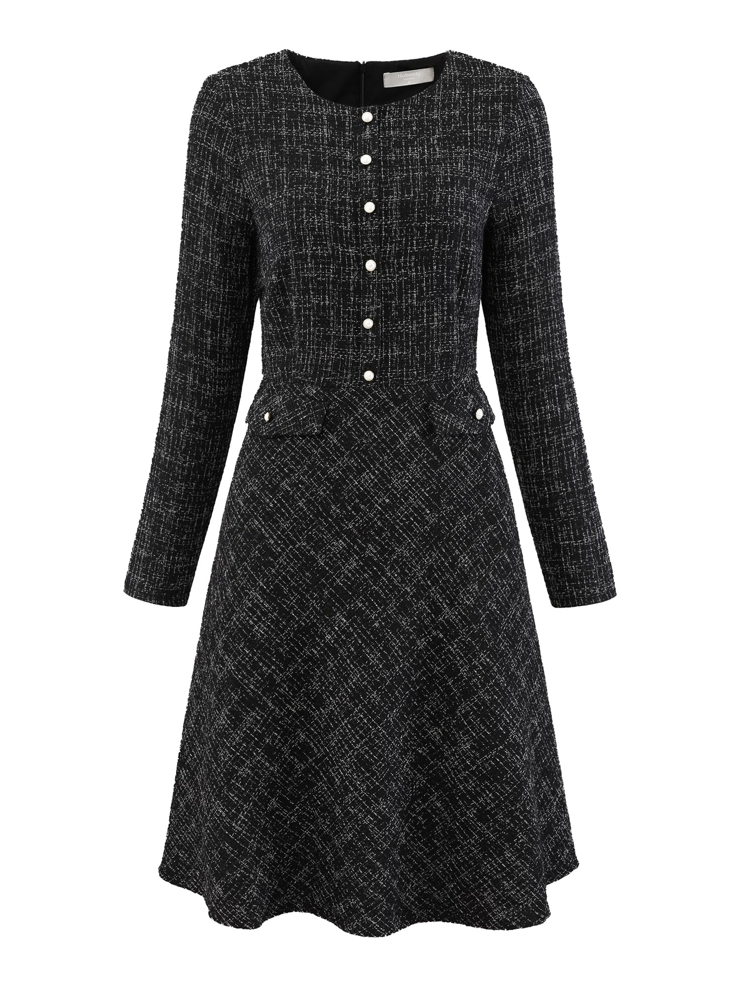 Womens Tweed Dress Long Sleeve Crew Neck Vintage Work Office Flare A-Line Dresses