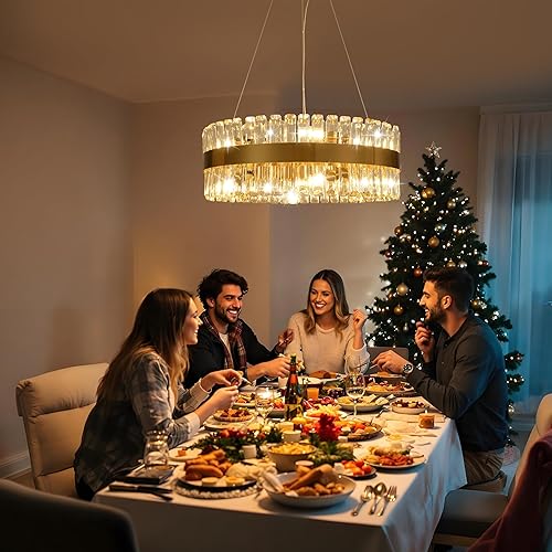 Miniatura 3 de MADEM Modernas lámparas LED circulares de cristal, lámpara de araña dorada, lámpara de techo colgante contemporánea para comedor, sala de estar,