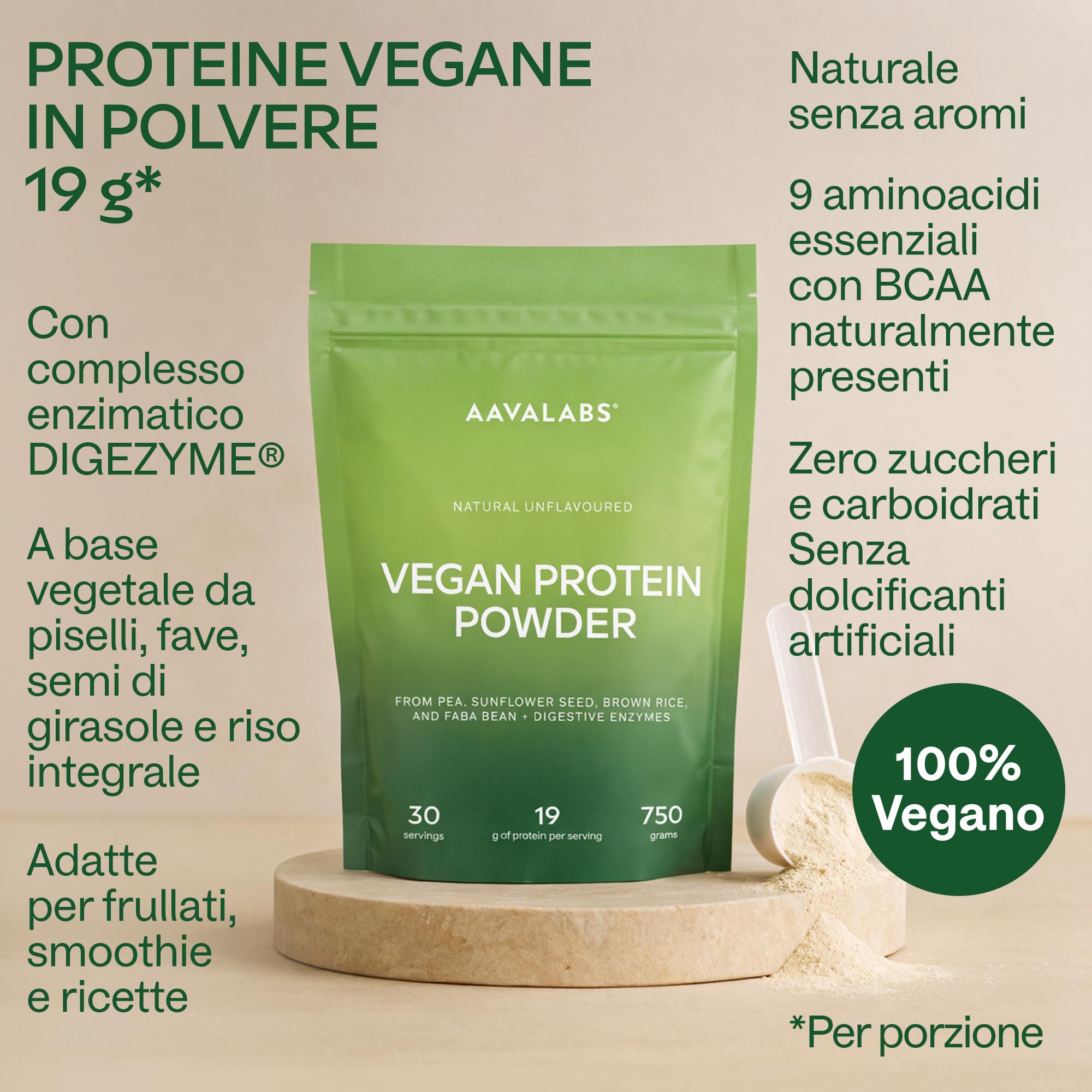 Proteine in Polvere Vegane Neutre 750g DIGEZYME® | 19g Proteine Vegetali da Riso, Pisello (Pea), Fava, Girasole, senza Lattosio, Zucchero, Edulcoranti, Glutine - 9 EEA e BCAA - Vegan Protein Powder
